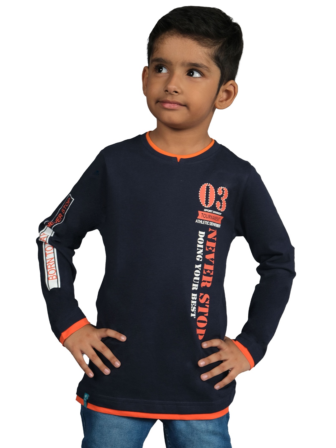 3PIN Boys Typography Printed Cotton T-shirt, Navy blue