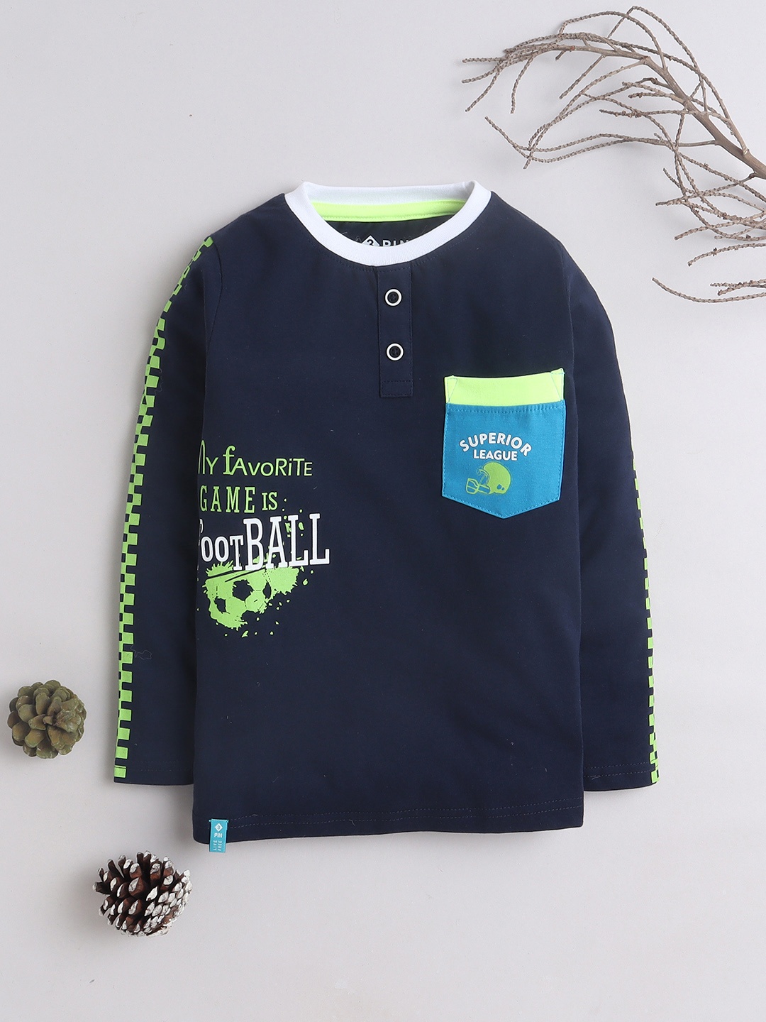3PIN Boys Navy Typography Printed Henley Neck Cotton T-shirt, Navy blue