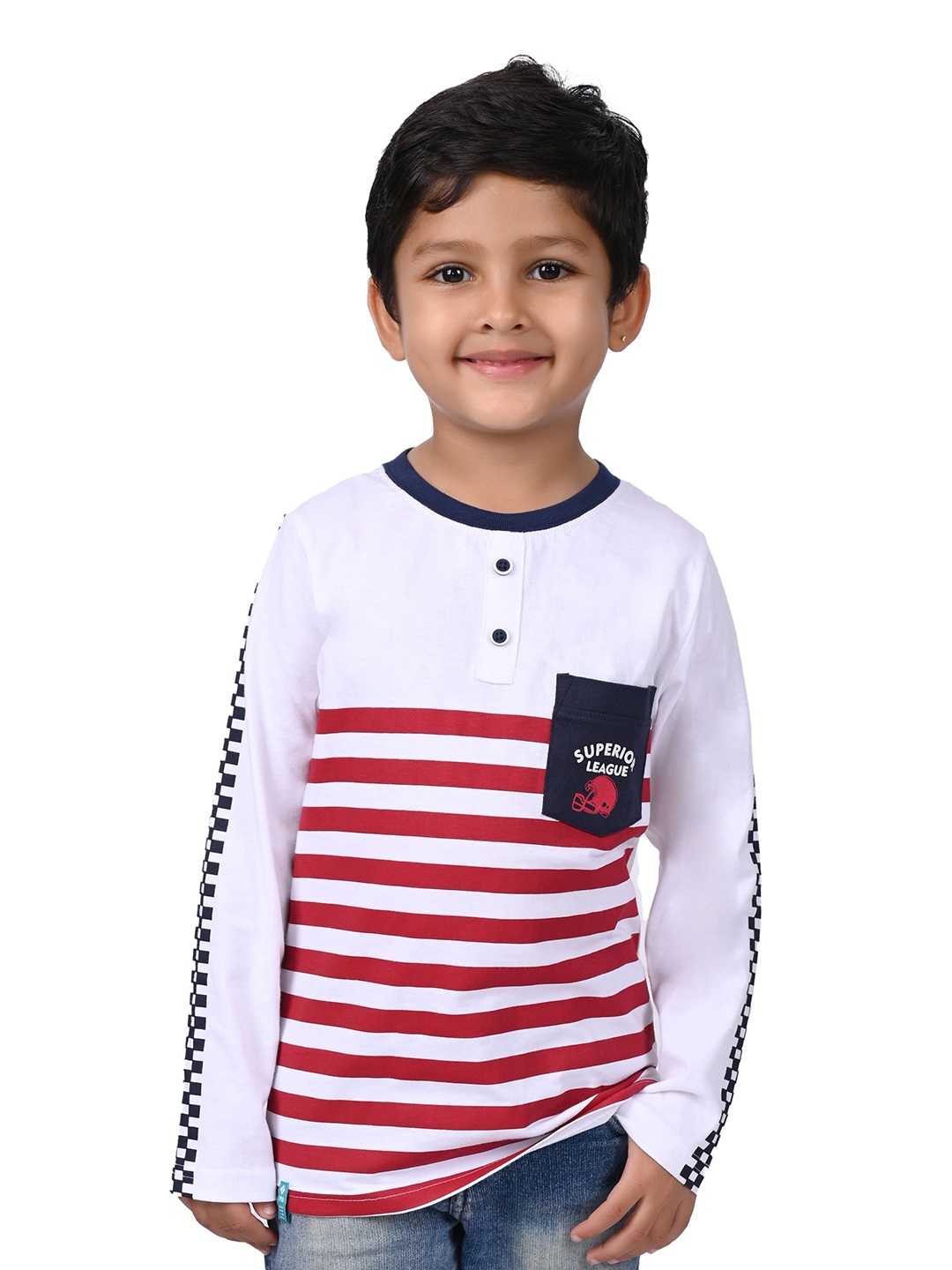 

3PIN Boys Striped Henley Neck Cotton T-shirt, White