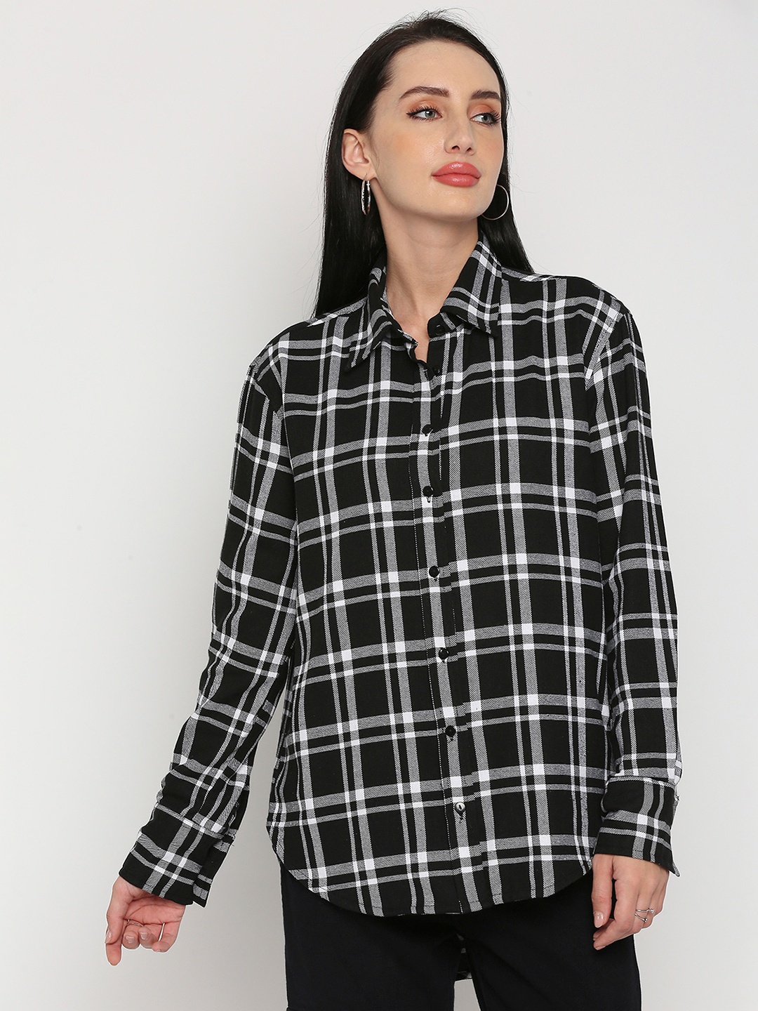 

Remanika Women Comfort Tartan Checks Cotton Casual Shirt, Black