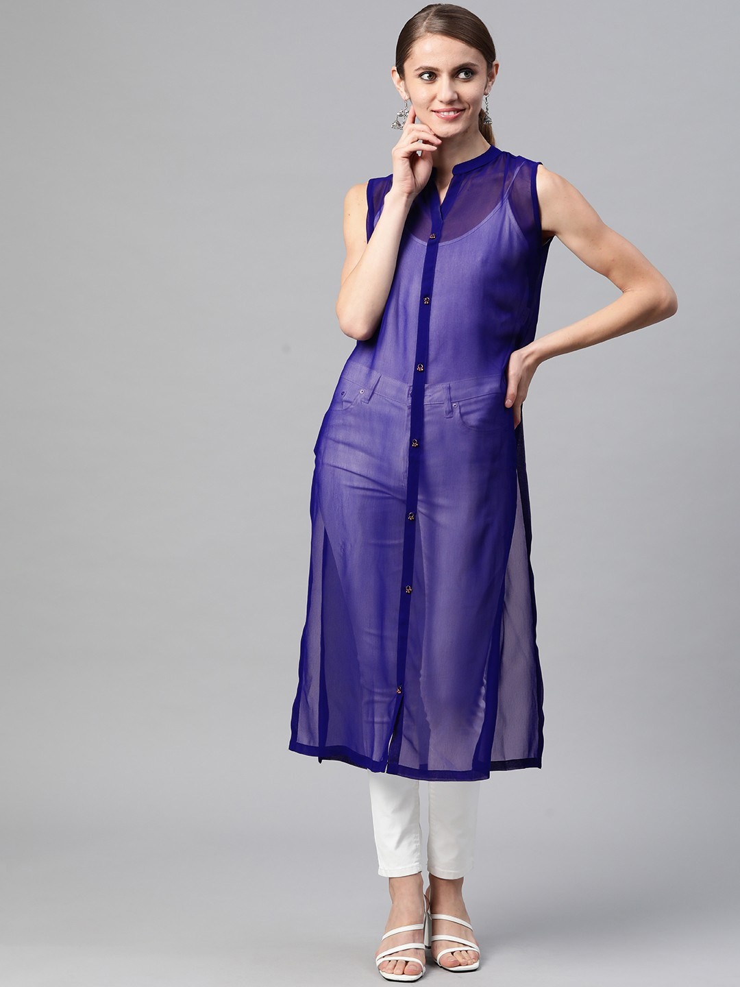 

RIVI Mandarin Collar Georgette Straight Regular Kurta, Blue