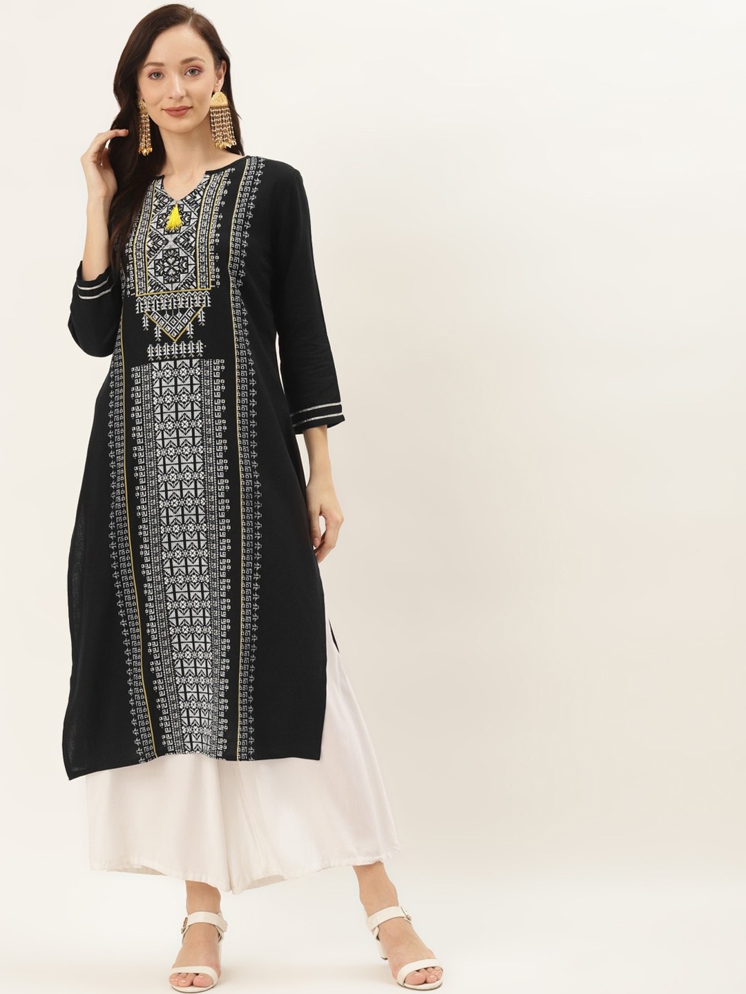

RIVI Keyhole Neck Ethnic Motifs Printed Thread Work Pure Cotton Kurta, Black