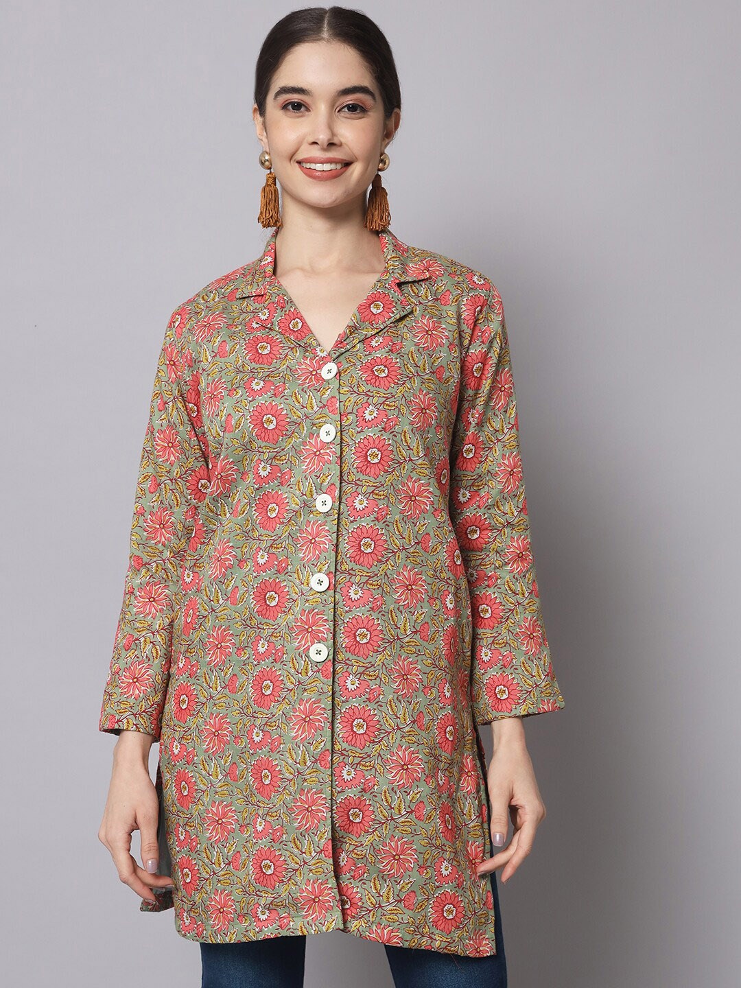 

Myshka Women Floral Lightweight Longline Shacket, Green