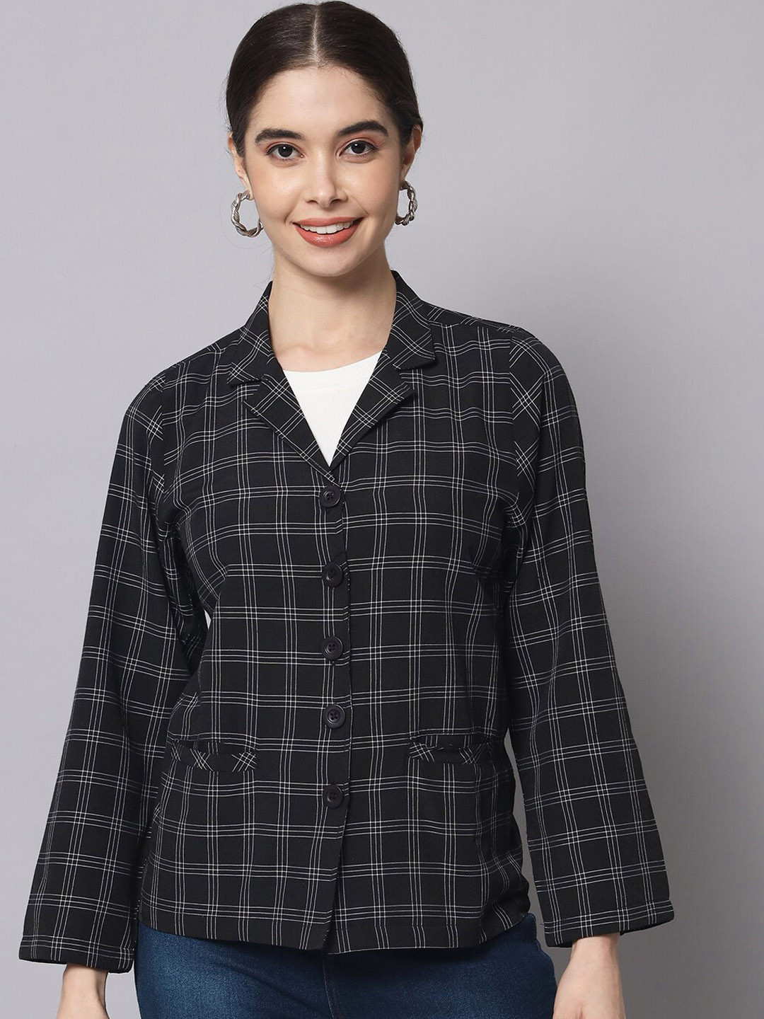 

Myshka Women Checked Tailored Shacket, Black