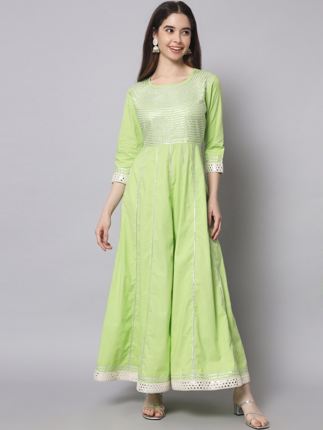 

Myshka Gotta Patti & Mirror Work Embroidered Cotton Anarkali Gown, Green