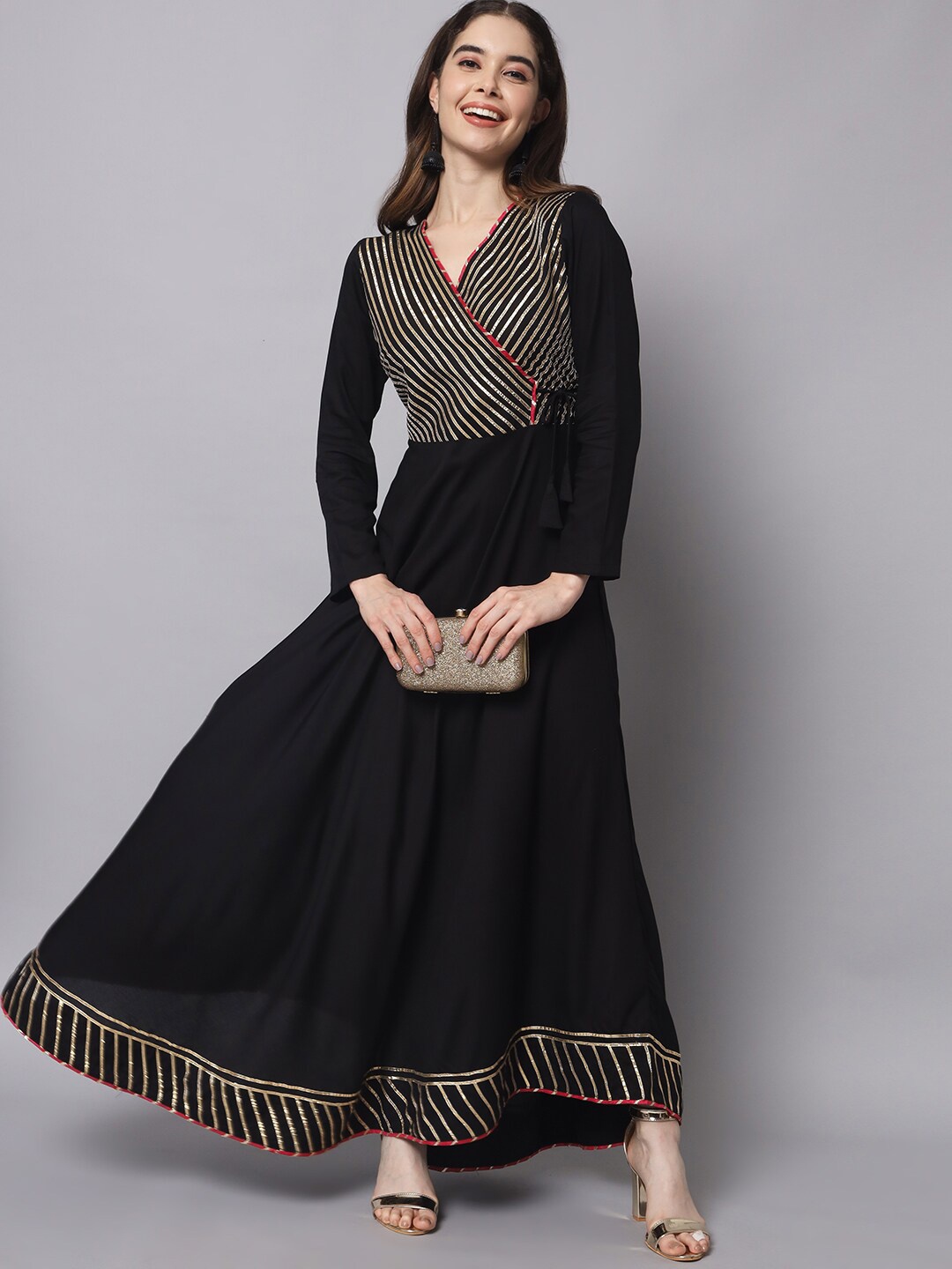 

Myshka V-neck Cotton Anarkali Gown, Black
