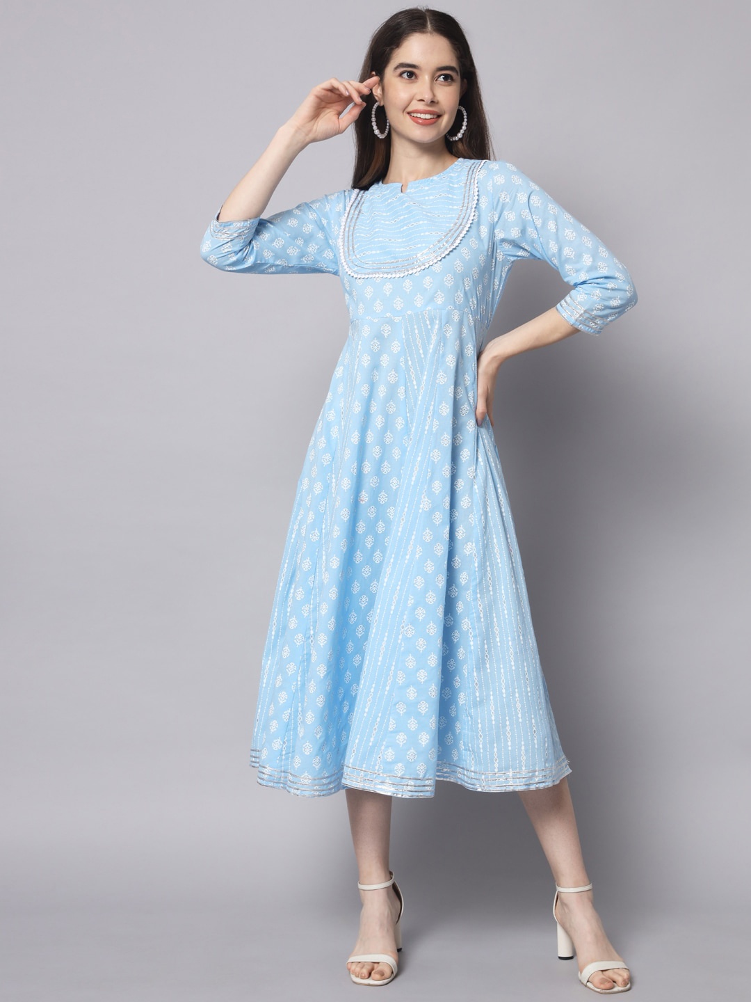 

Myshka Cotton Ethnic Motifs A-Line Midi Dress, Blue