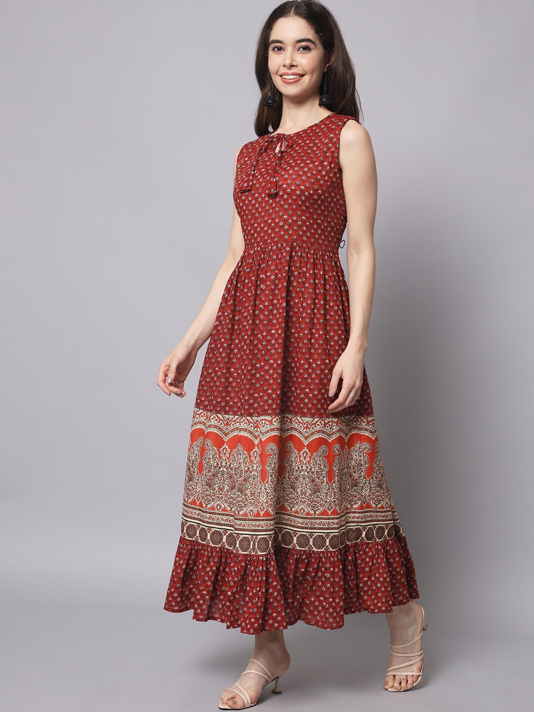 

Myshka Cotton Ethnic Motifs Maxi Maxi Dress, Maroon