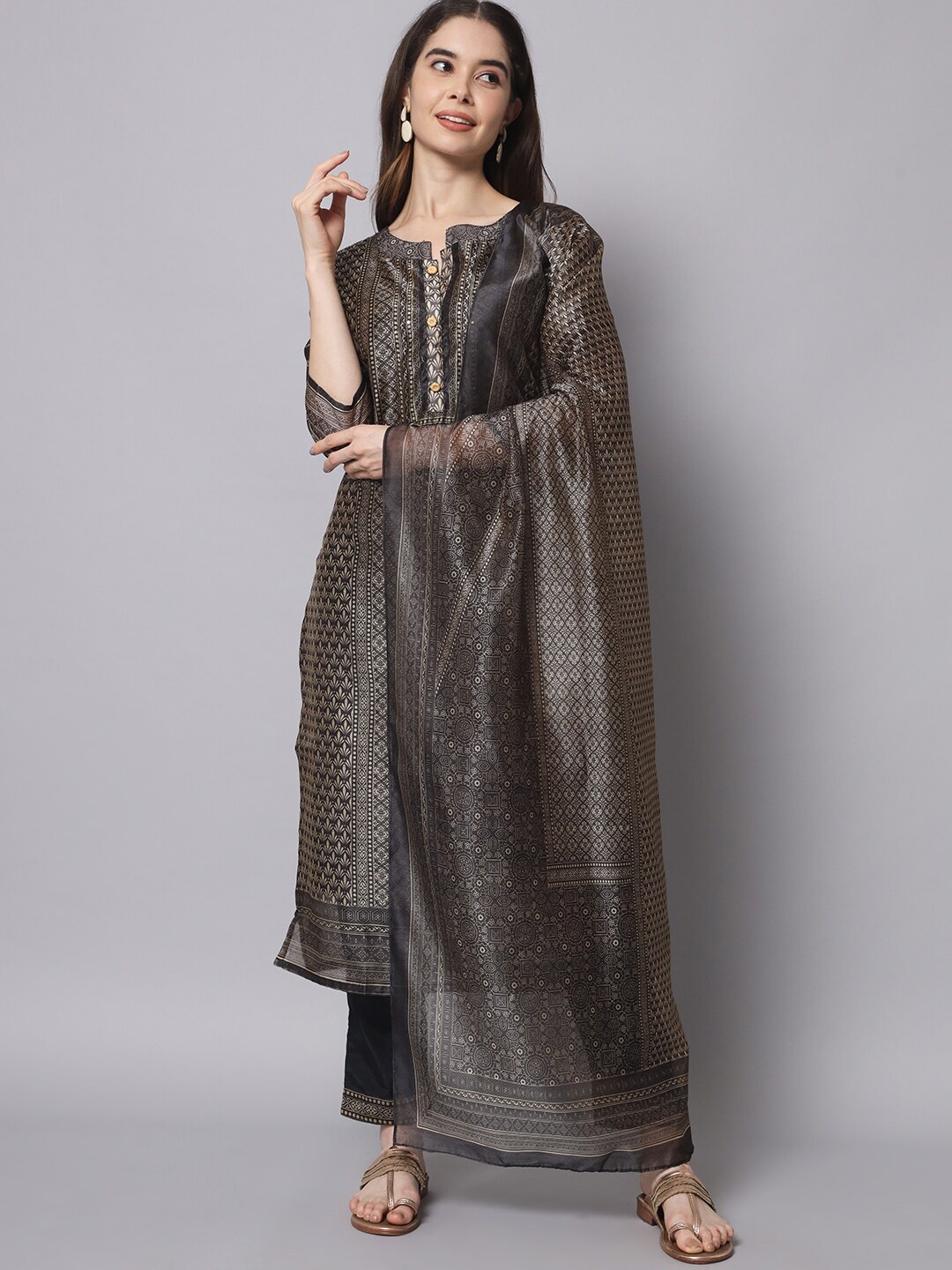 

Myshka Women Ethnic Motifs Printed Chanderi Silk Kurta with Trousers & Dupatta, Black
