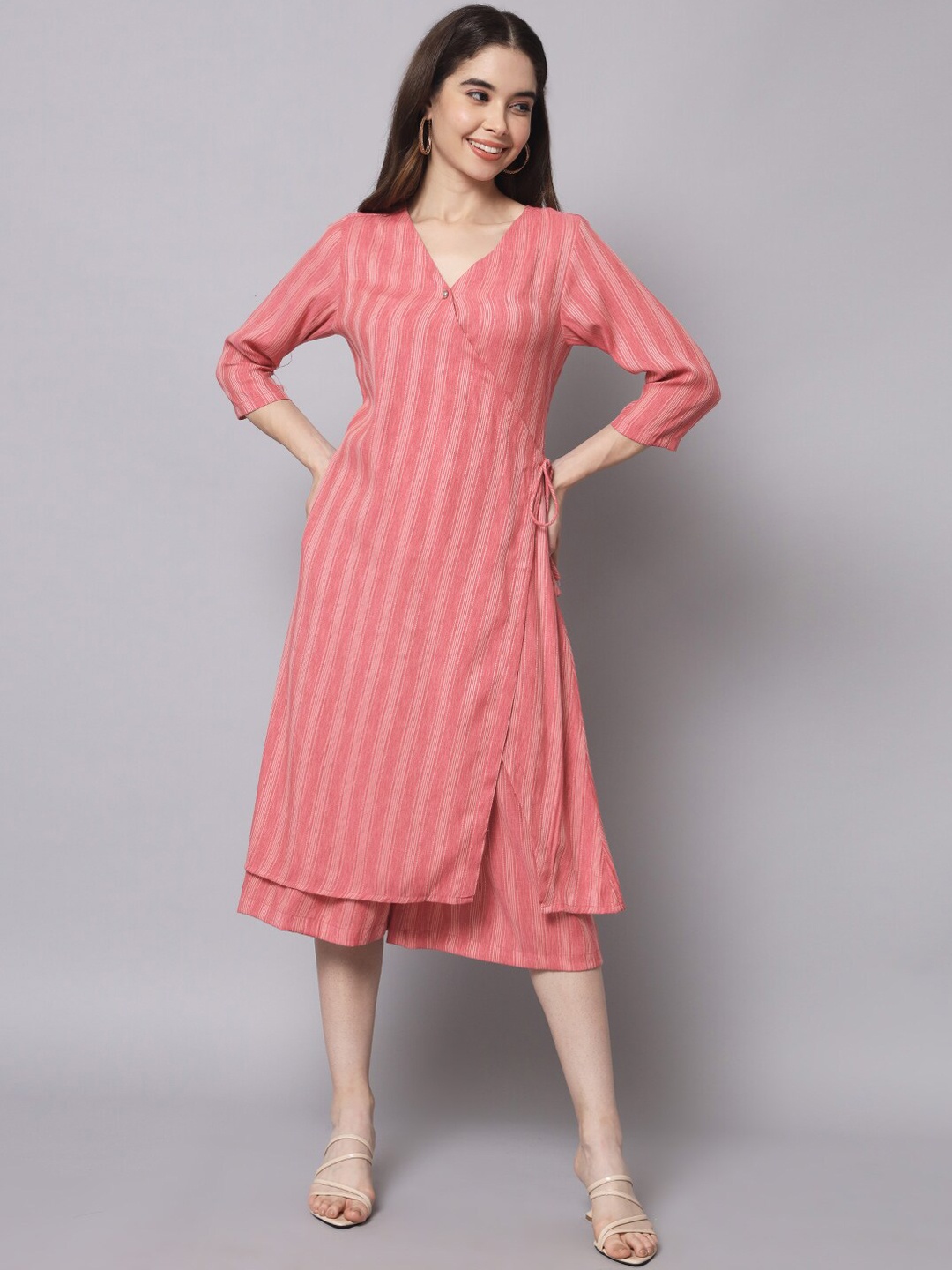 

Myshka Women Printed Angrakha Pure Cotton Kurta with Trousers, Pink