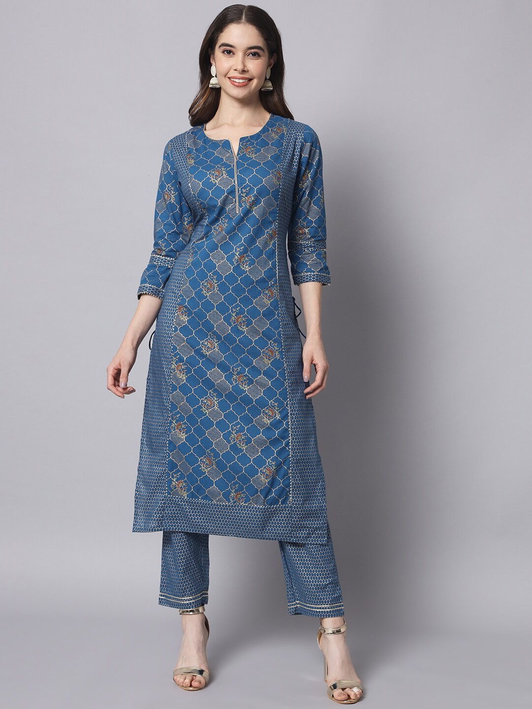 

Myshka Women Ethnic Motifs Printed Pure Cotton Kurta with Trousers, Navy blue