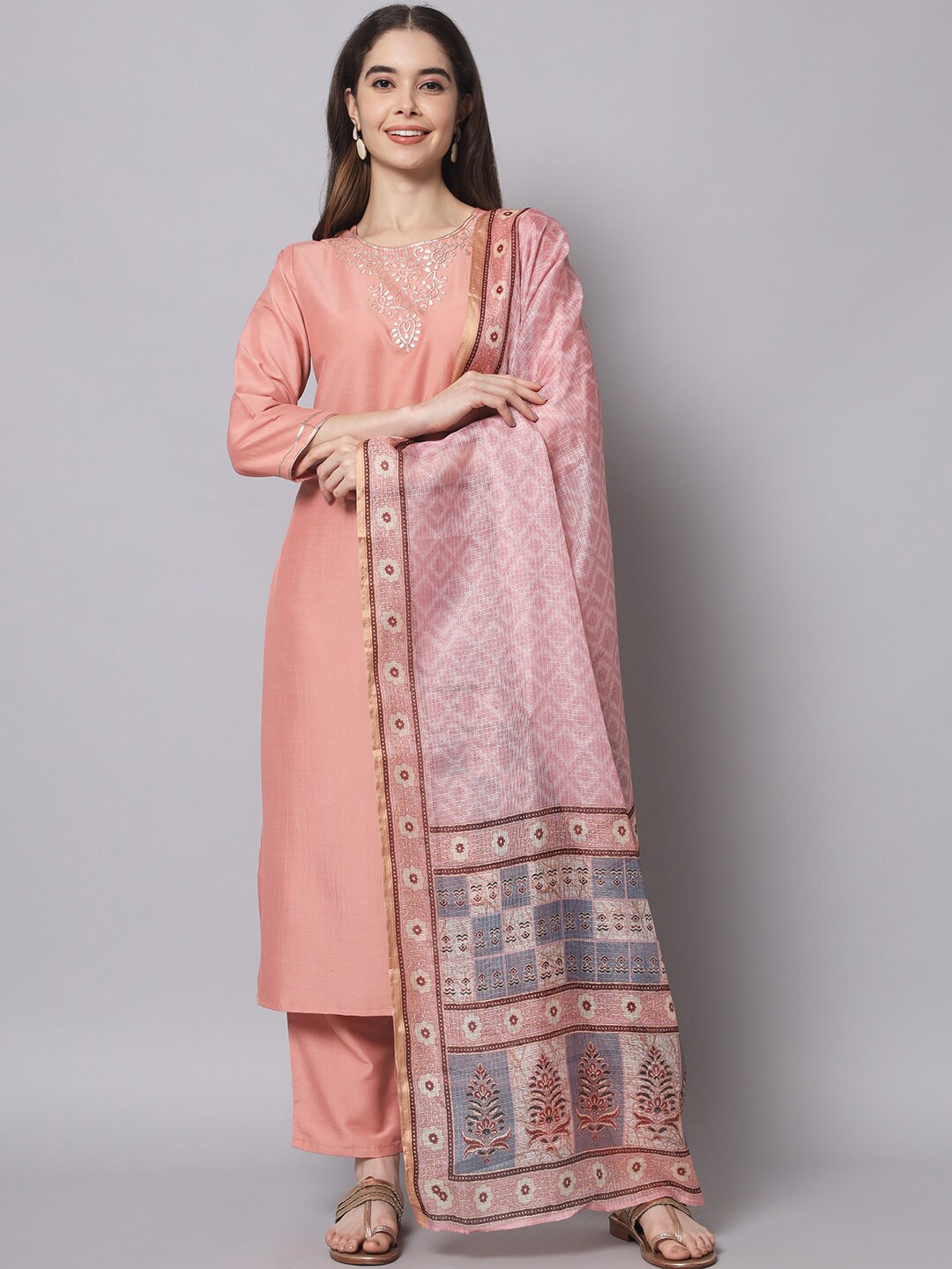 

Myshka Women Floral Kurta with Trousers & Dupatta, Peach