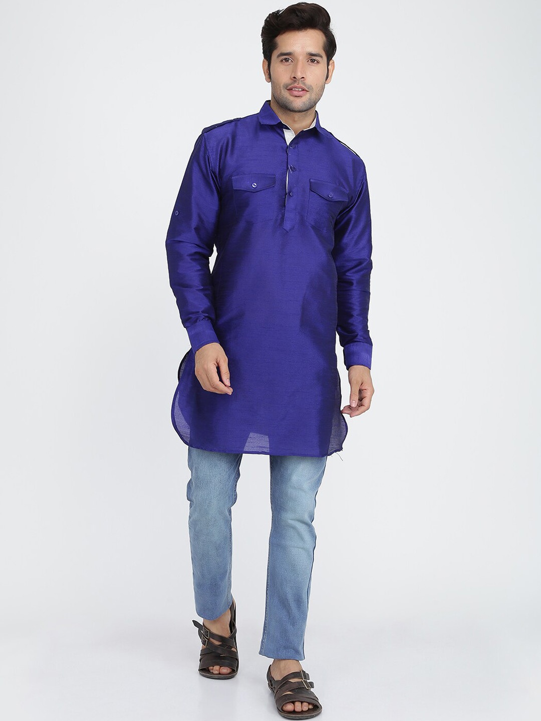 

ROYAL KURTA Men Dupion Silk Pathani Kurta, Blue