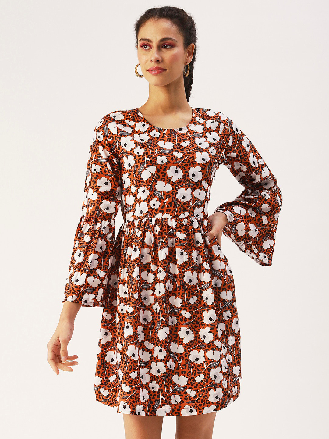 

DressBerry Bell Sleeves Floral Dress, Orange
