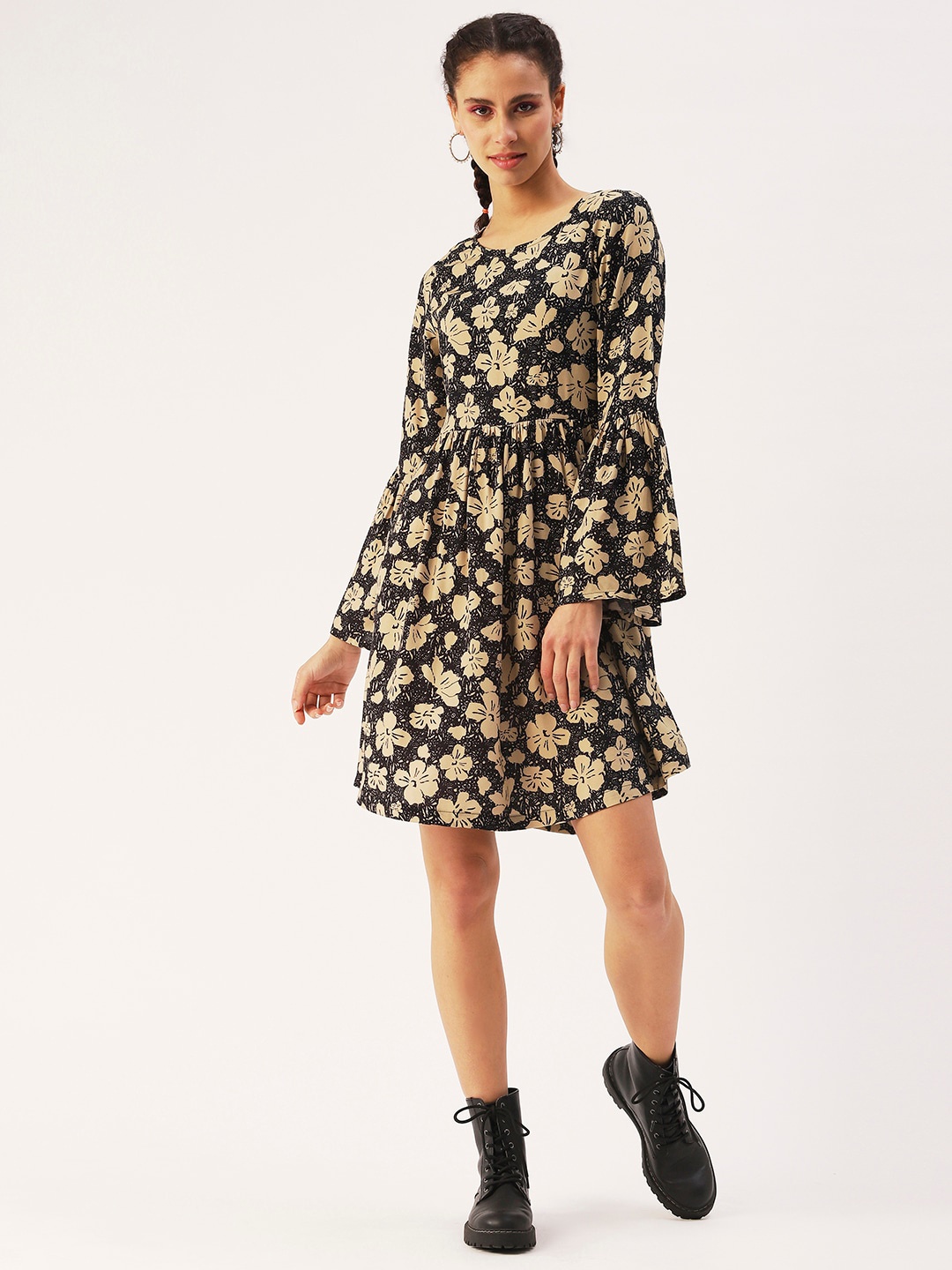 

DressBerry Bell Sleeves Floral Dress, Black