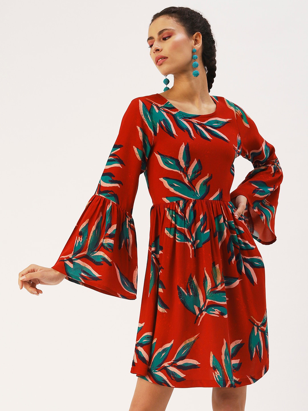 

DressBerry Bell Sleeves Floral Flared Dress, Red