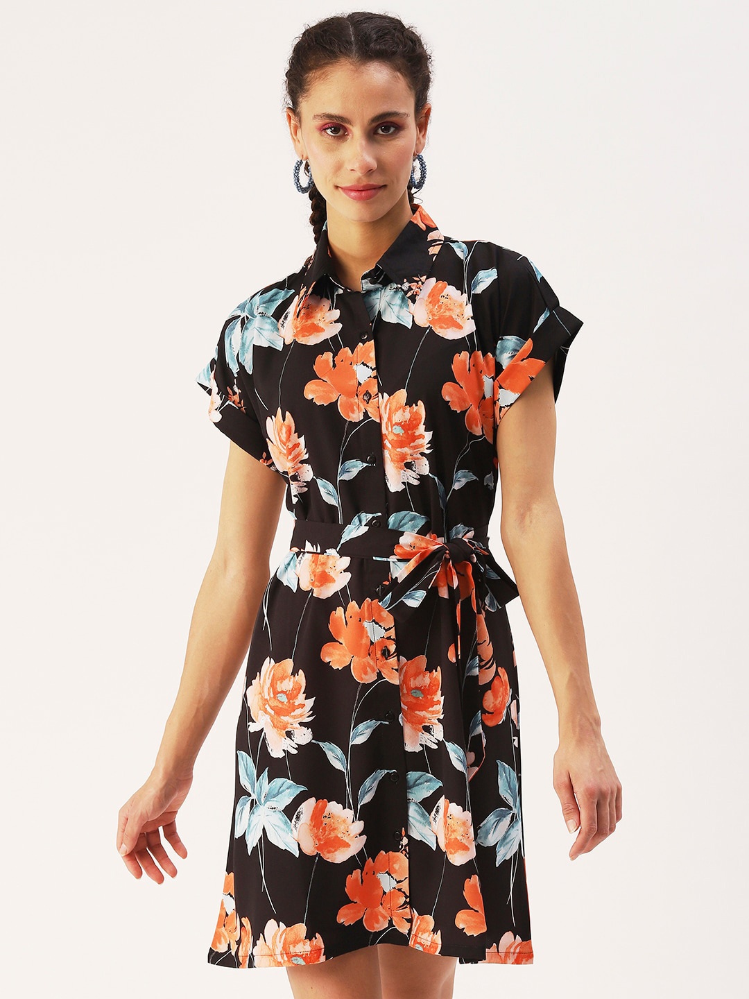 

DressBerry Floral Crepe Shirt Dress, Black