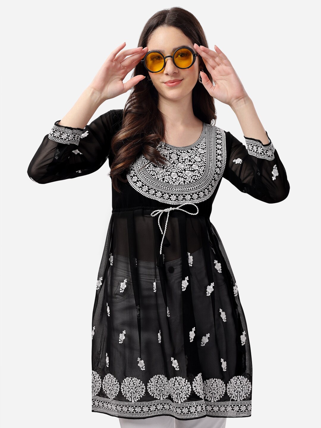 

WEAVETECH IMPEX Women Black Embroderied Chikankari Georgette Longline Top