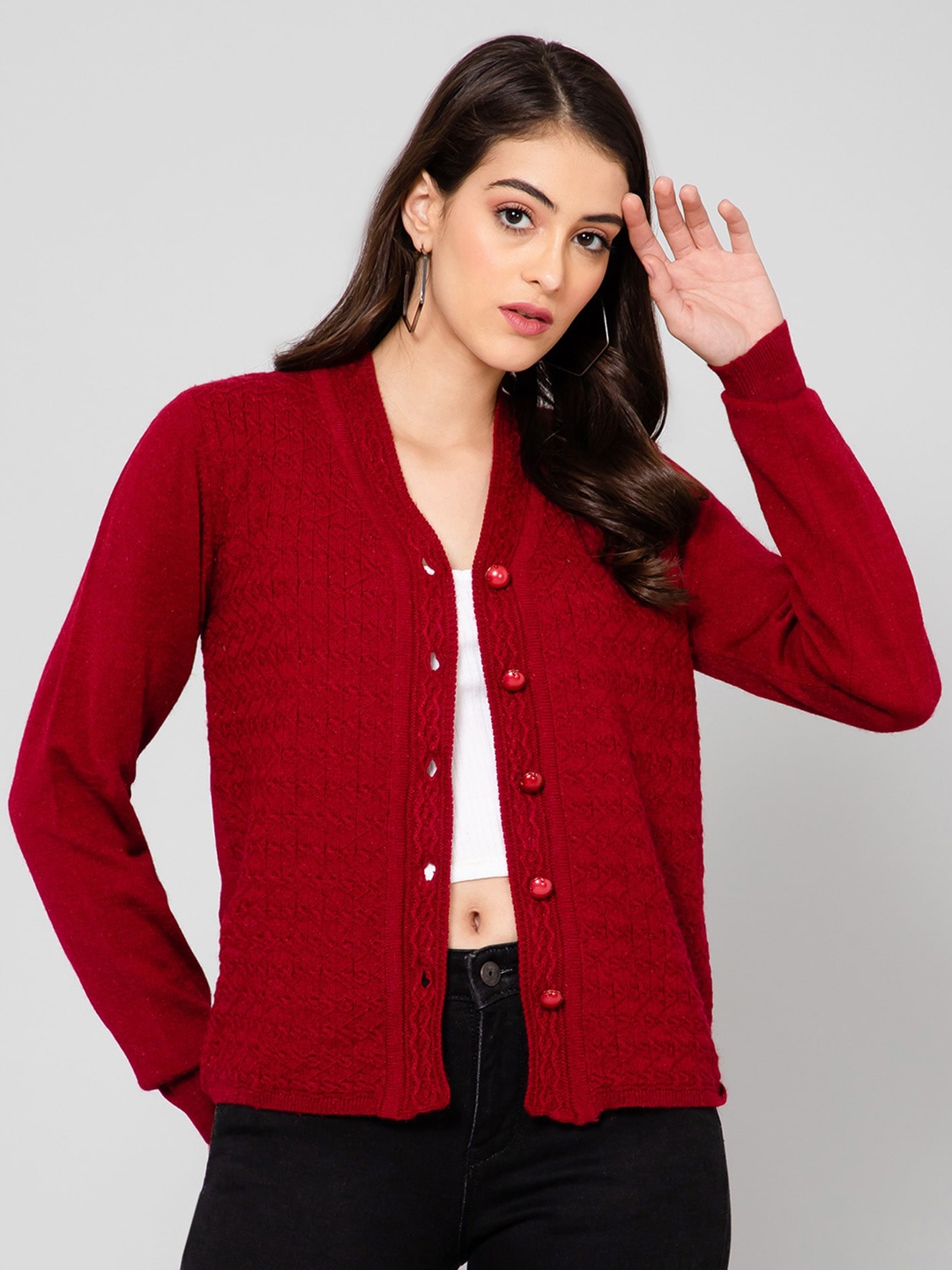 

Crozo By Cantabil Cable Knit Wool Cardigan, Maroon