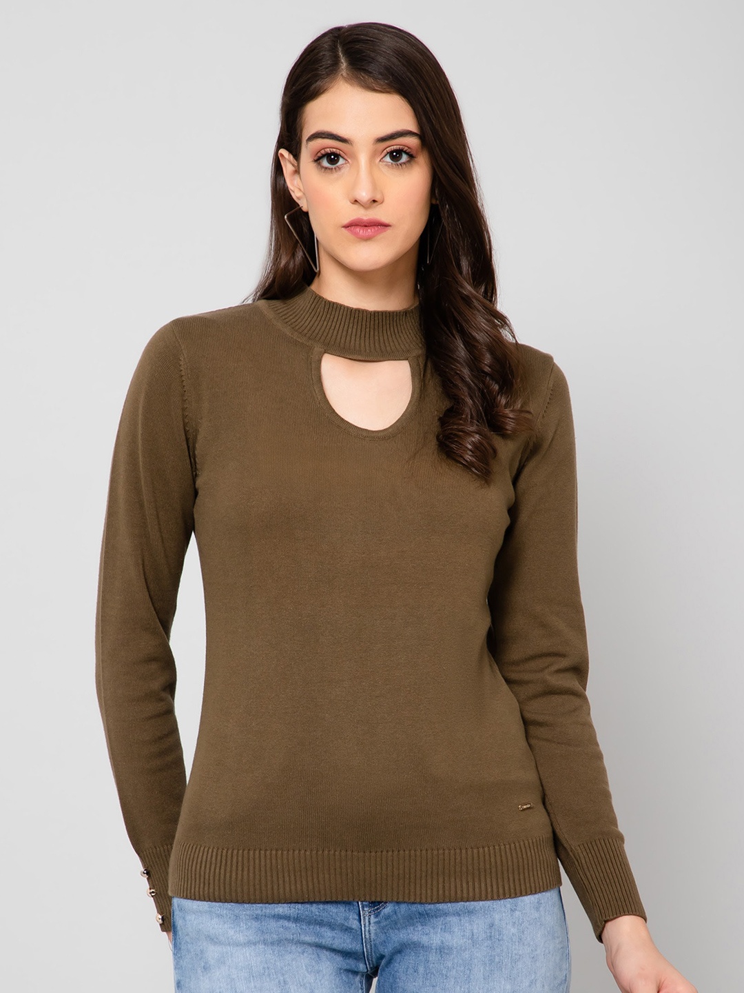 

Crozo By Cantabil Ribbed Hem Full Sleeved Wool Pullover, Olive