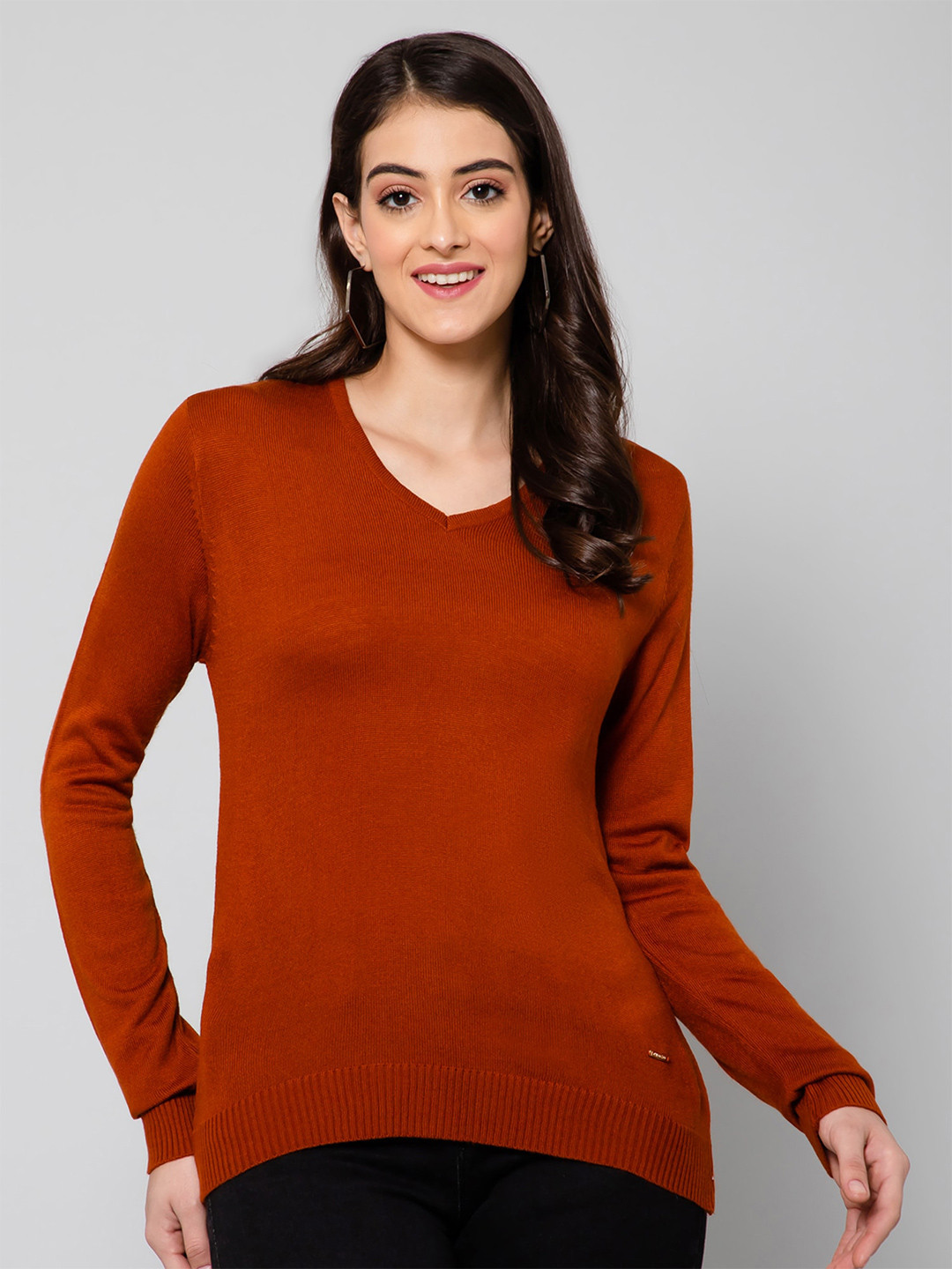 

Crozo By Cantabil Women V-Neck Acrylic Pullover Sweater, Rust
