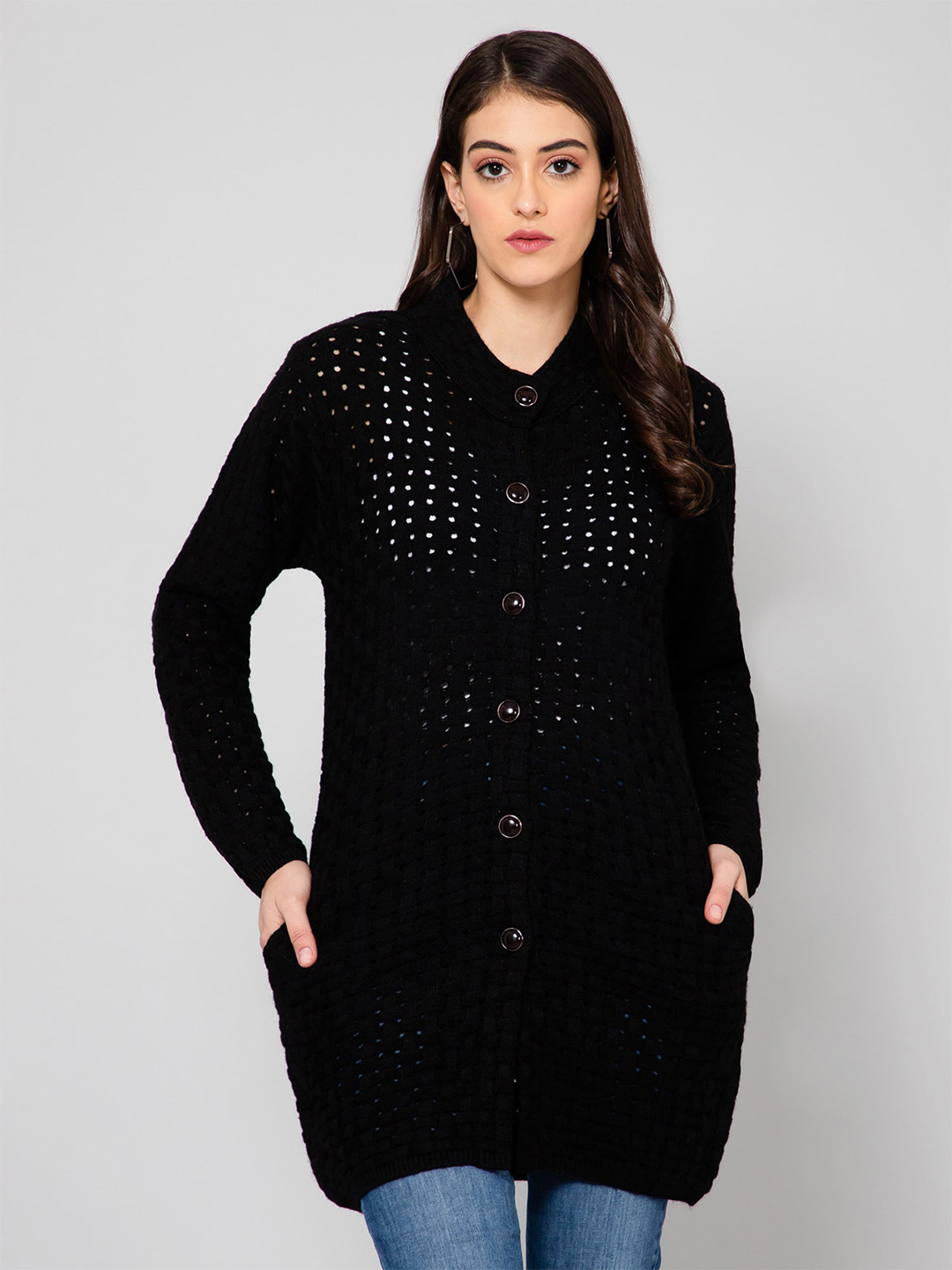 

Crozo By Cantabil Women Round Neck Longline Cardigan Jumper Dress, Black