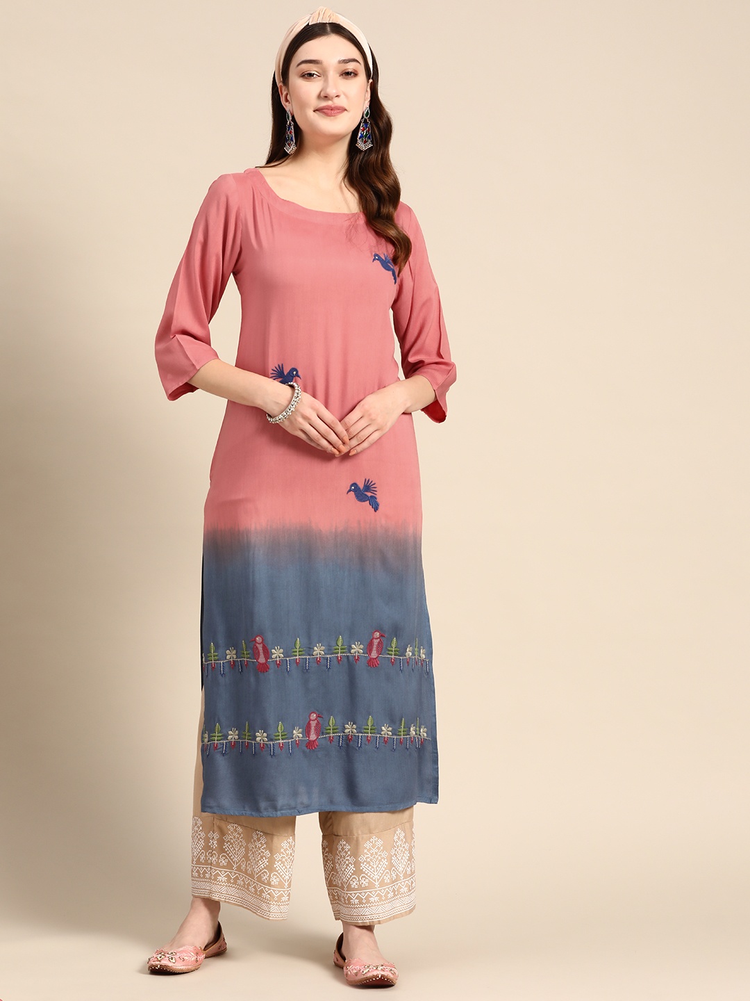 

Sangria Women Pink & Blue Ethnic Motifs Embroidered Kurta