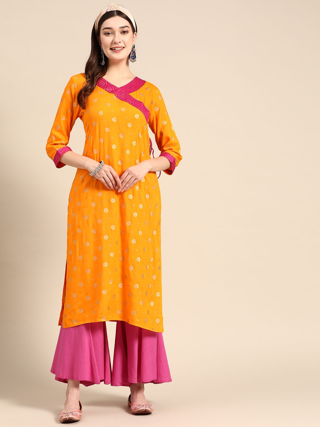 

Sangria Women Woven Design Angrakha Kurta, Yellow