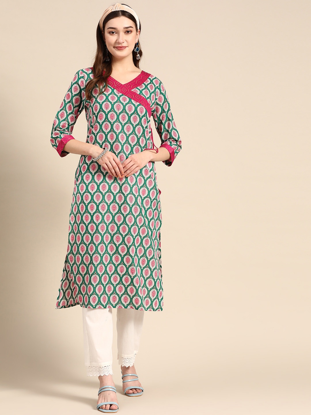 

Sangria Women Ethnic Motifs Printed Angrakha Kurta, Green