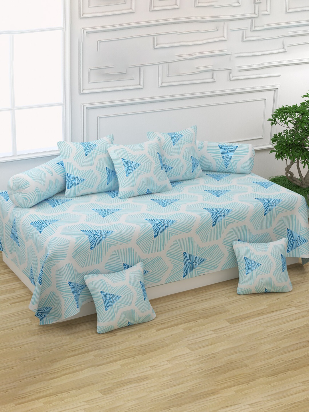 

Bajo's Set Of 8 Blue & White Printed Diwan Set
