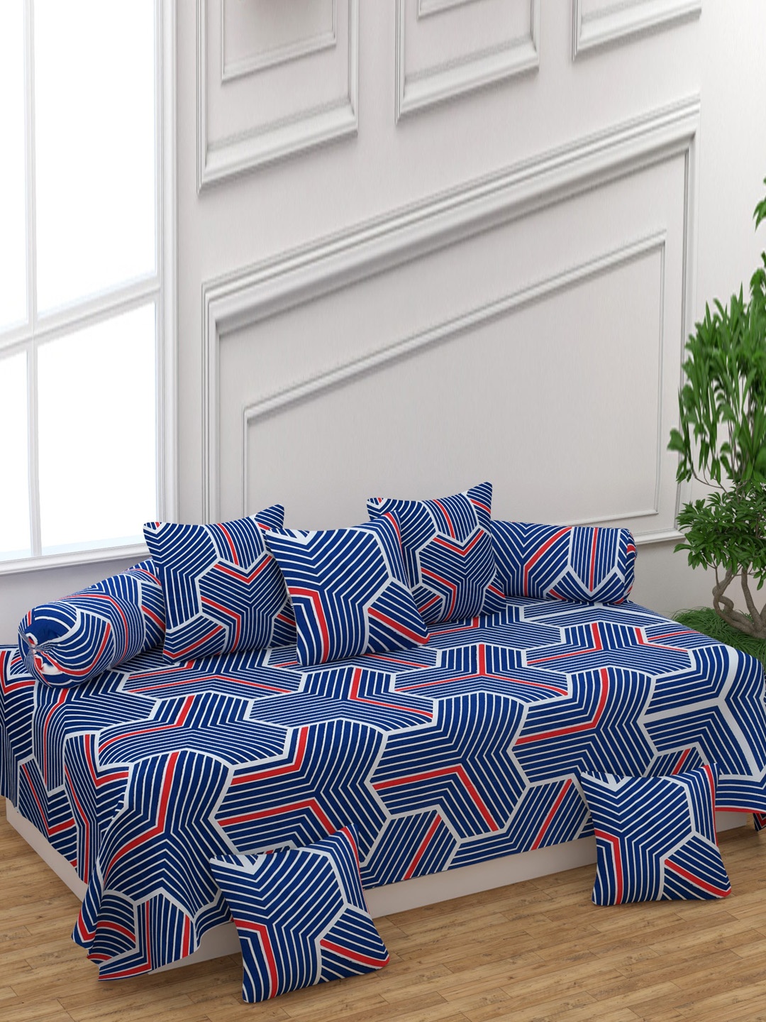 

Bajo's Set Of 8 Blue & White Printed Cotton Diwan Set