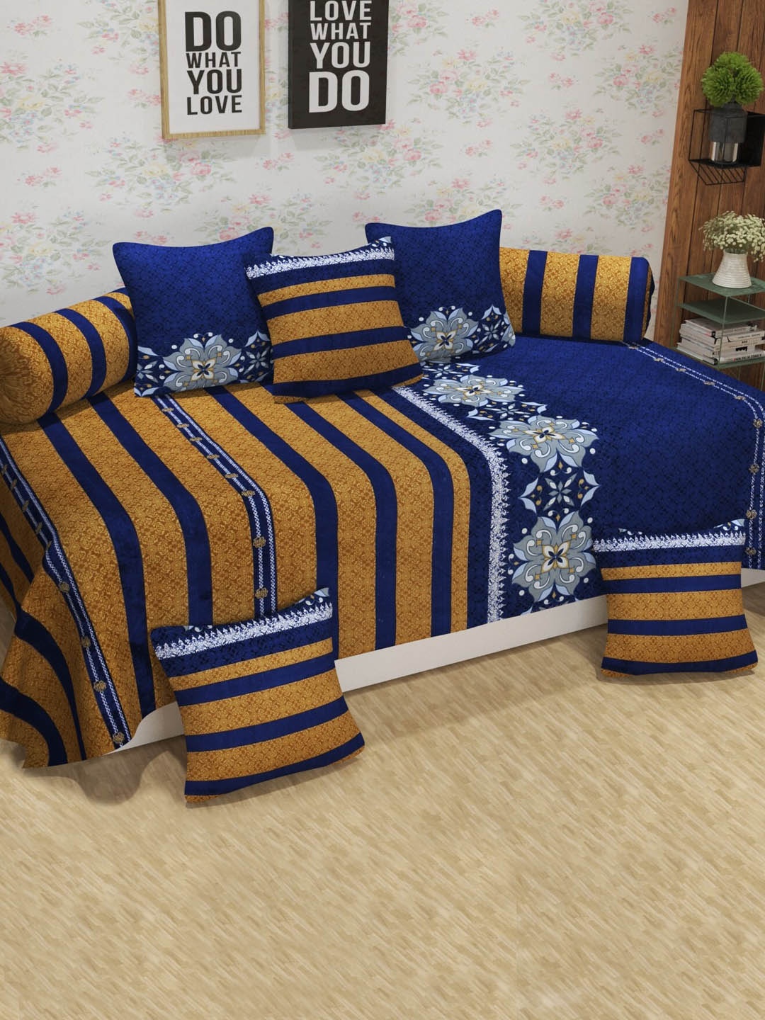 

Bajo's Set Of 8 Yellow & Blue Printed Cotton Diwan Set