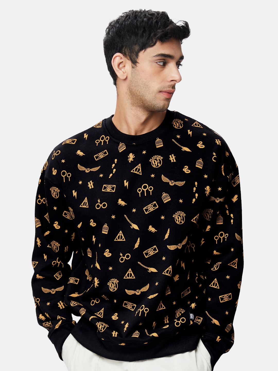 

The Souled Store Men Harry Potter Conversational Printed Cotton Oversized Sweatshirt, Black