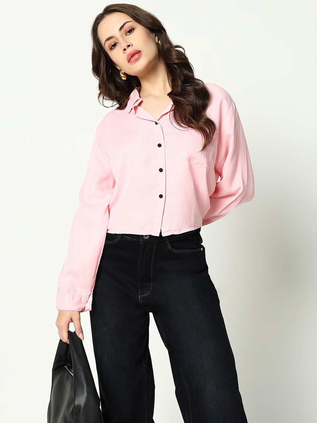 

SHOWOFF Women Spread Collar Casual Crop Shirt, Pink