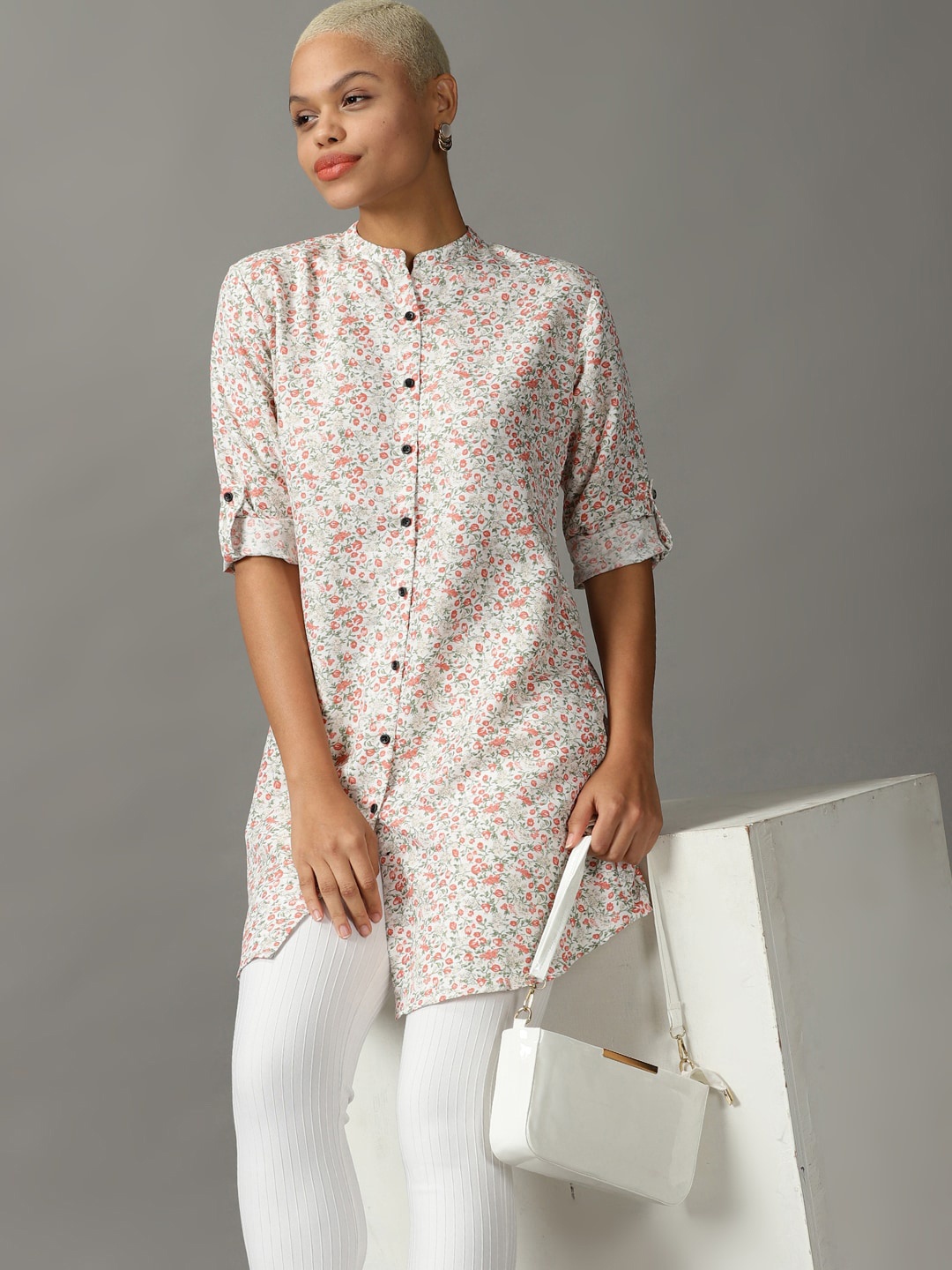 

SHOWOFF Women Floral Printed Casual Longline Shirt, White