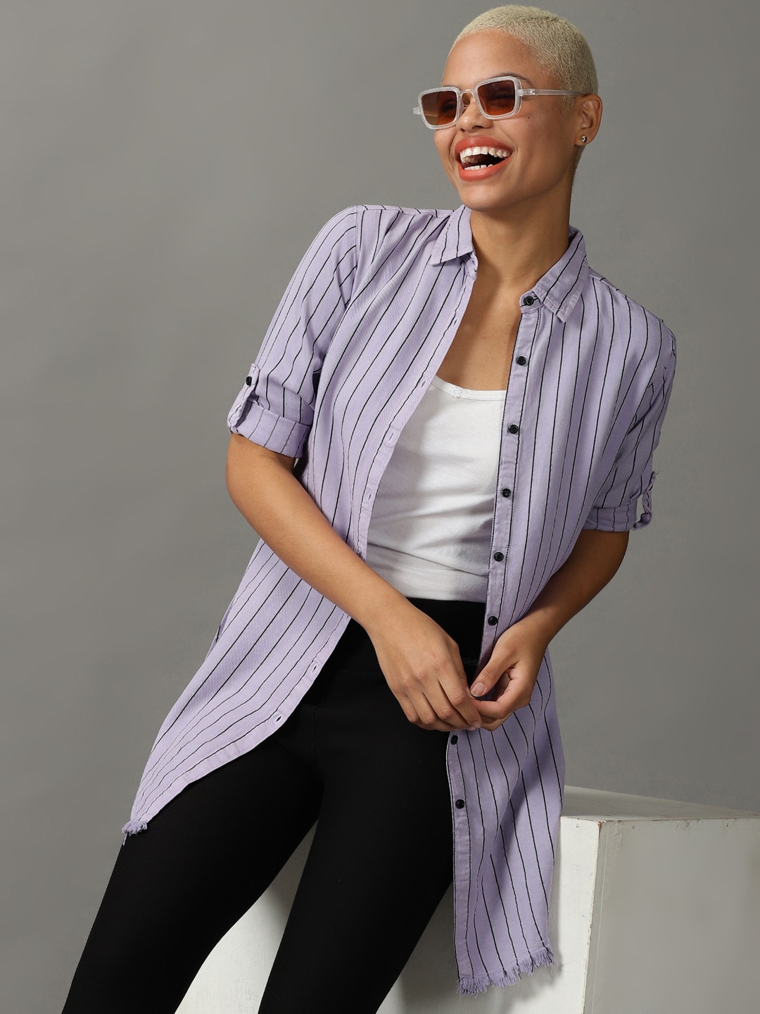 

SHOWOFF Women Striped Casual Longline Shirt, Lavender