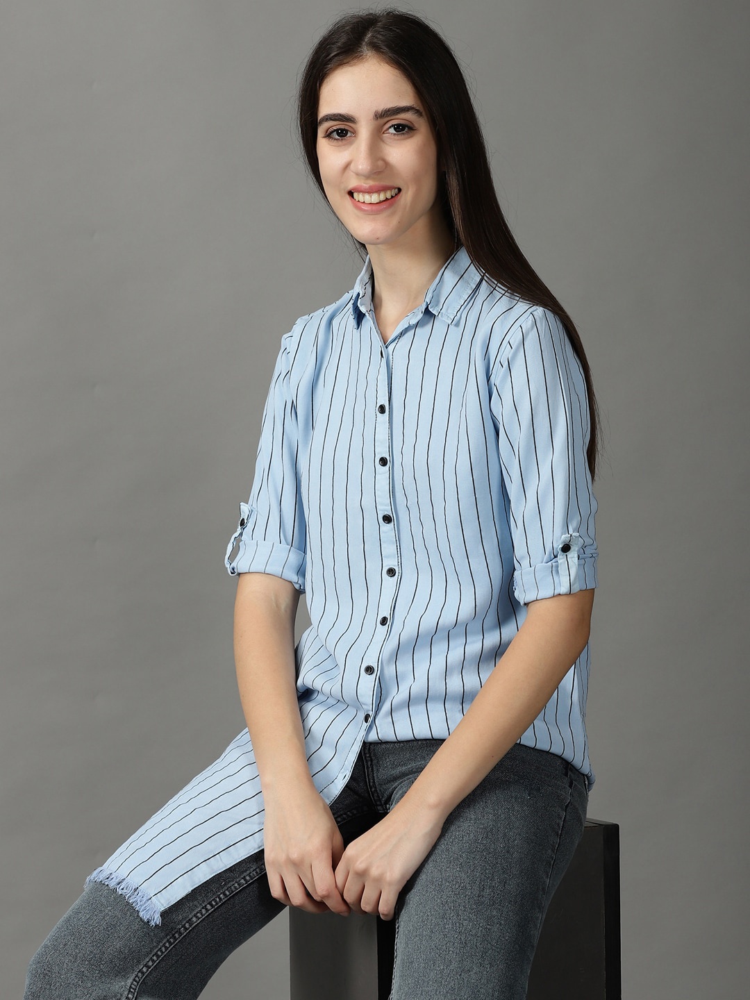 

SHOWOFF Women Striped Casual Longline Shirt, Blue
