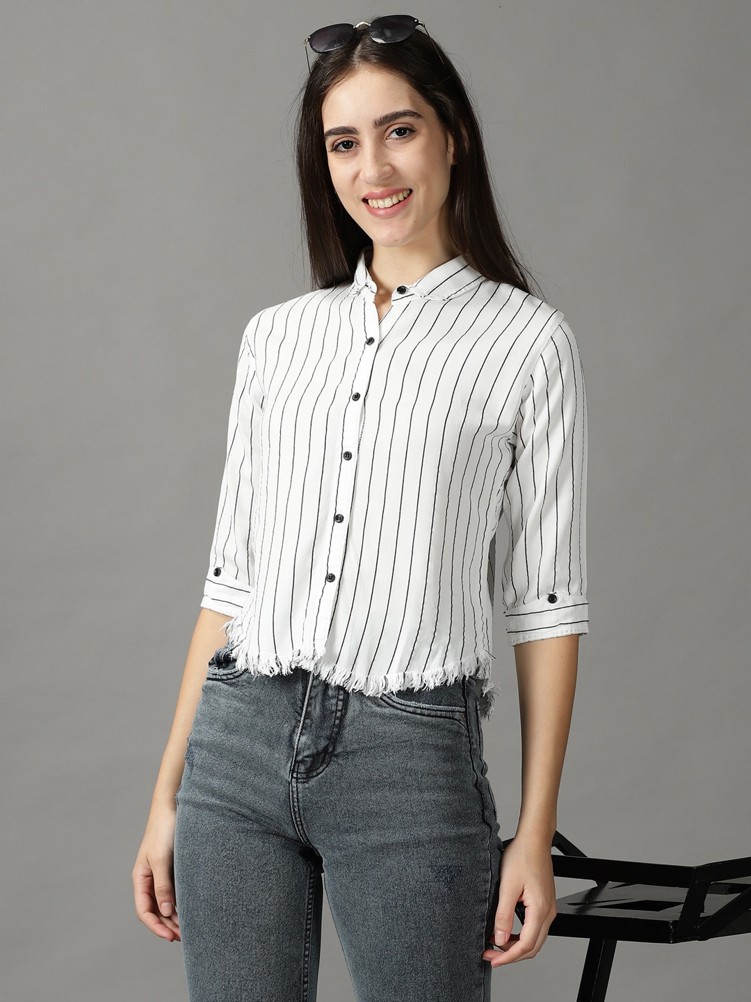 

SHOWOFF Women Striped Casual Shirt, White