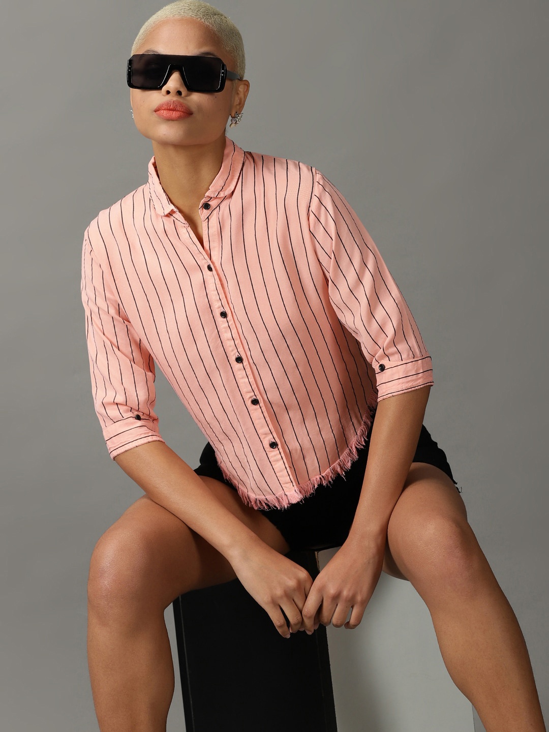 

SHOWOFF Women Striped Casual Shirt, Peach