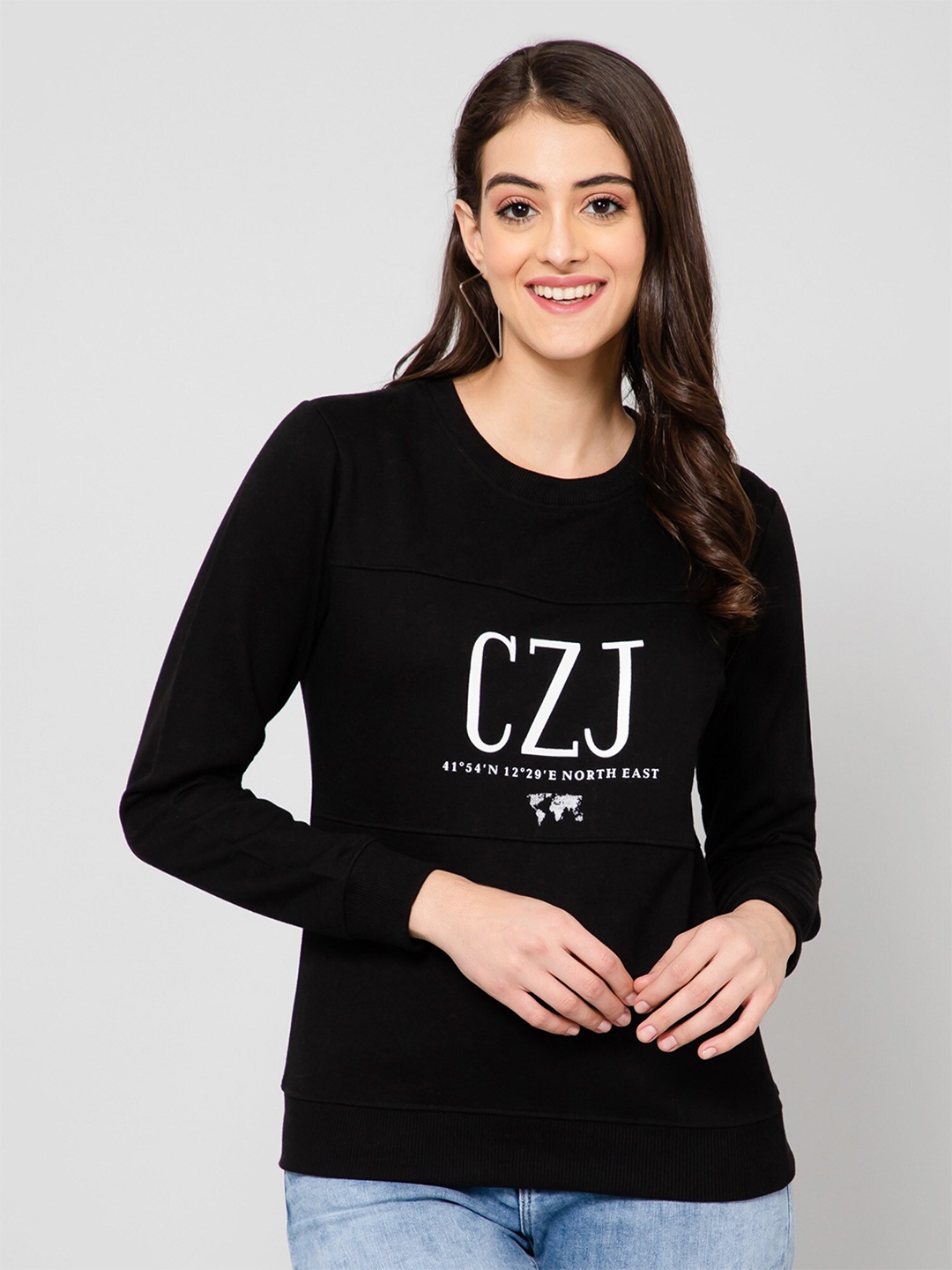 

Crozo By Cantabil Women Printed Round Neck Fleece Sweatshirt, Black