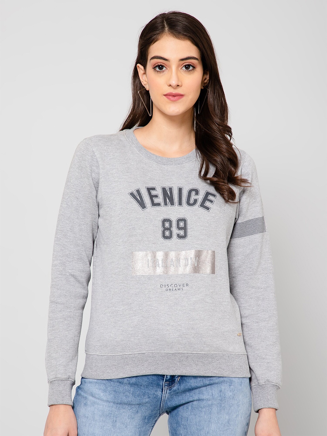

Crozo By Cantabil Women Printed Round Neck Fleece Sweatshirt, Grey melange