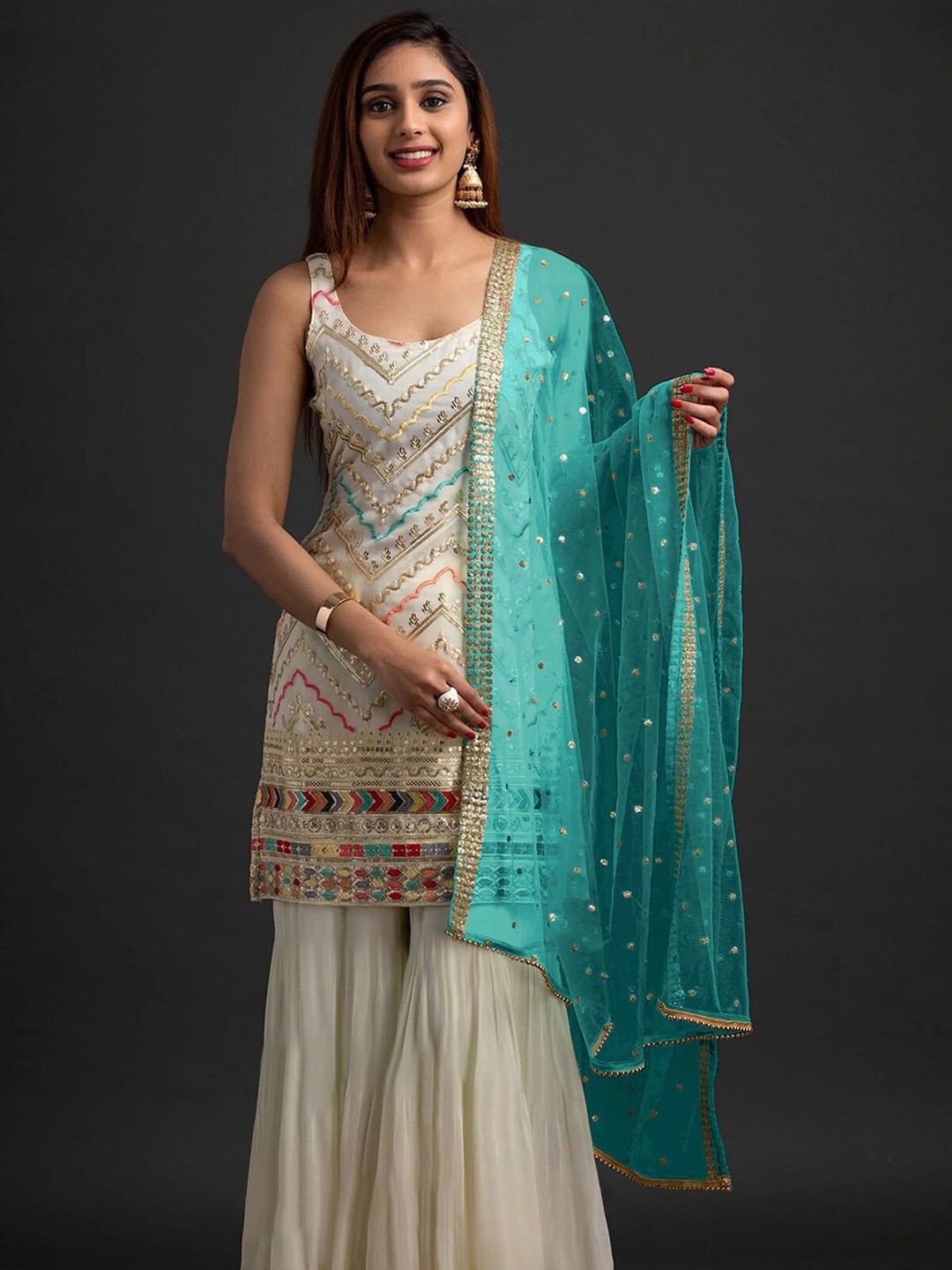 

ODETTE Women Embroidered Mirror Work Semi Stitched Kurta with Sharara & Dupatta, White