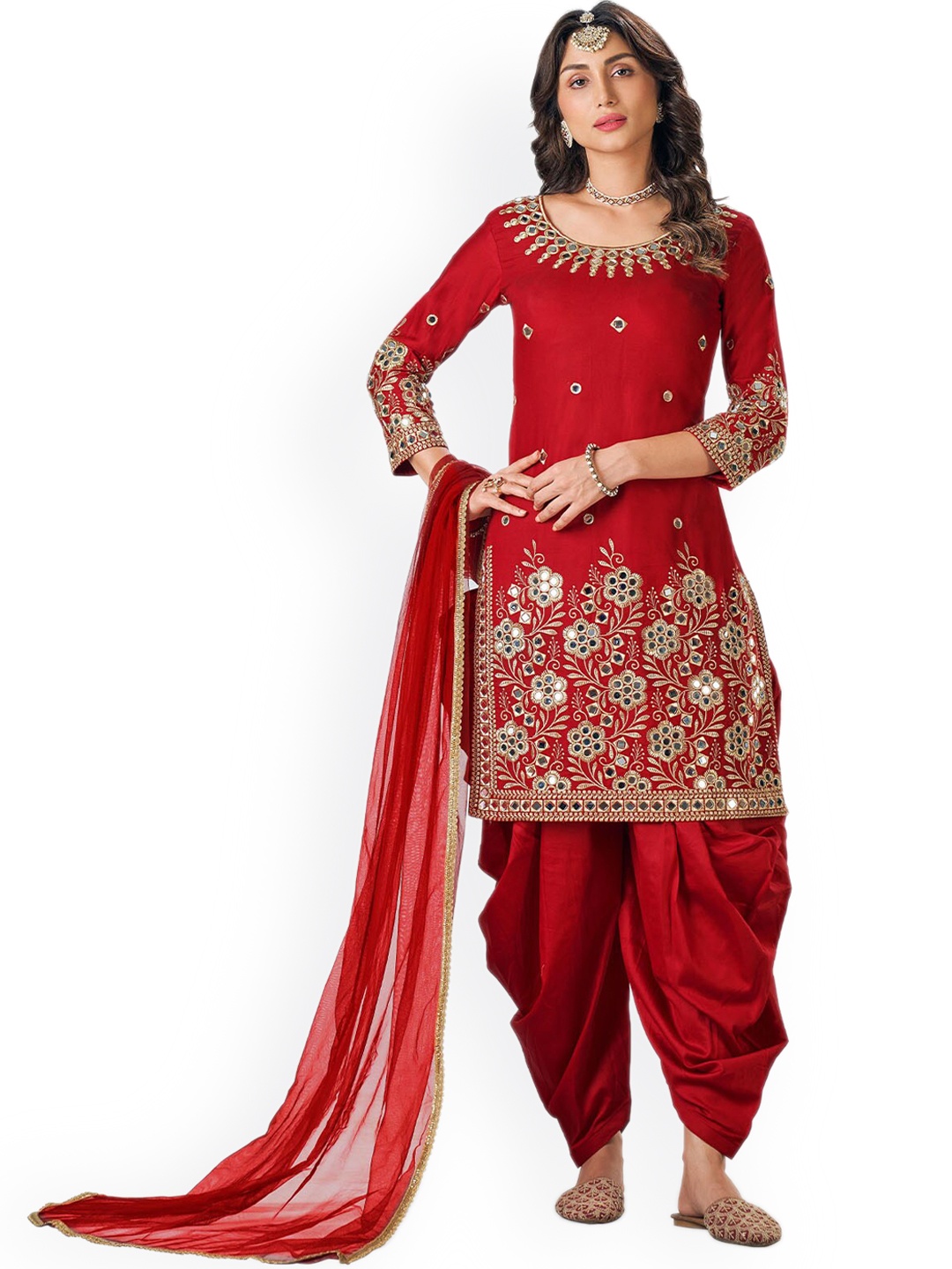 

ODETTE Women Floral Embroidered Mirror Work Semi Stitched Kurta with Dhoti Pants & Dupatta, Red