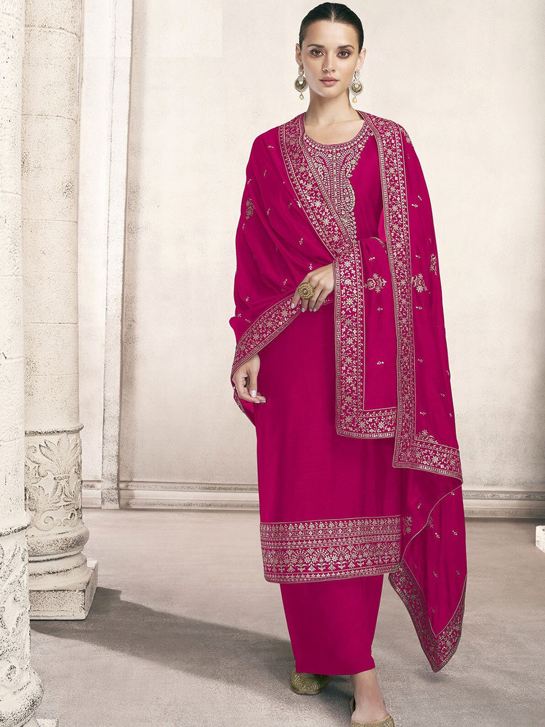 

ODETTE Women Yoke Design Semi Stitched Kurta with Trousers & Dupatta, Pink