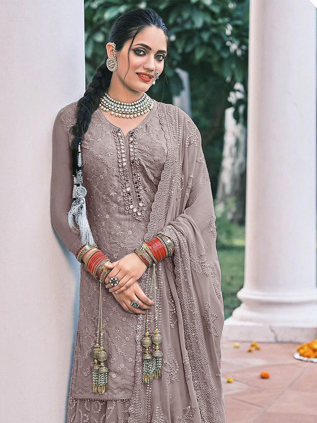 

ODETTE Women Ethnic Motifs Embroidered Mirror Work Kurta with Sharara & Dupatta, Grey