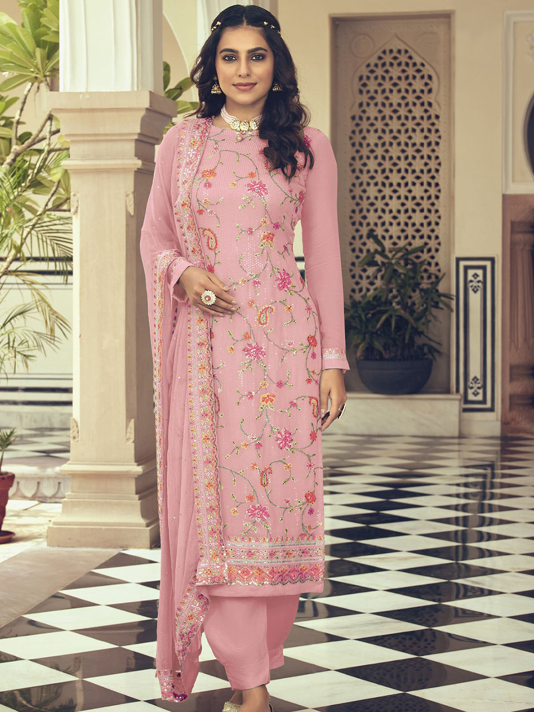 

ODETTE Women Floral Embroidered Thread Work Semi Stitched Kurta with Trousers & Dupatta, Pink