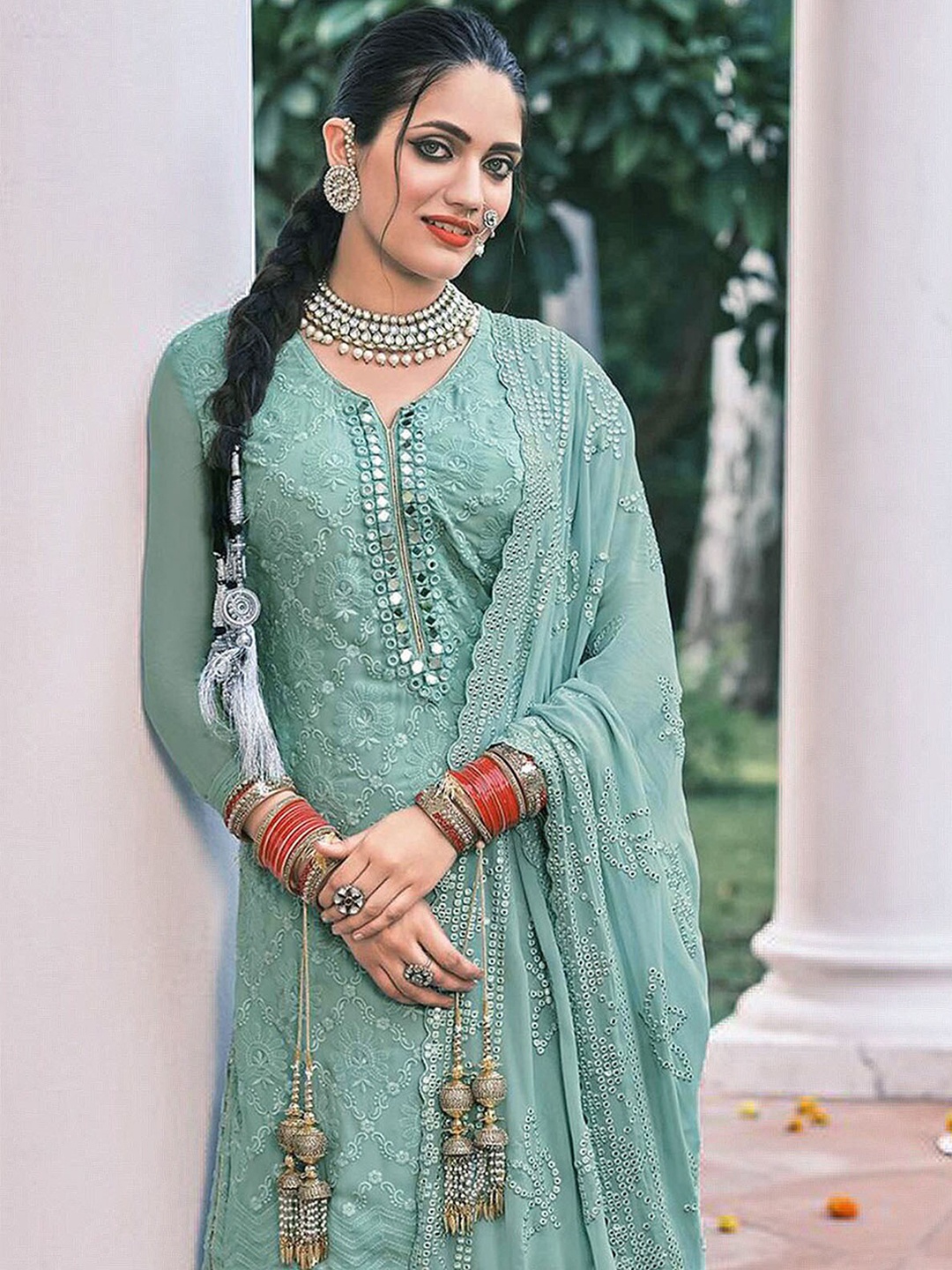 

ODETTE Women Floral Embroidered Mirror Work Kurta with Trousers & Dupatta, Blue