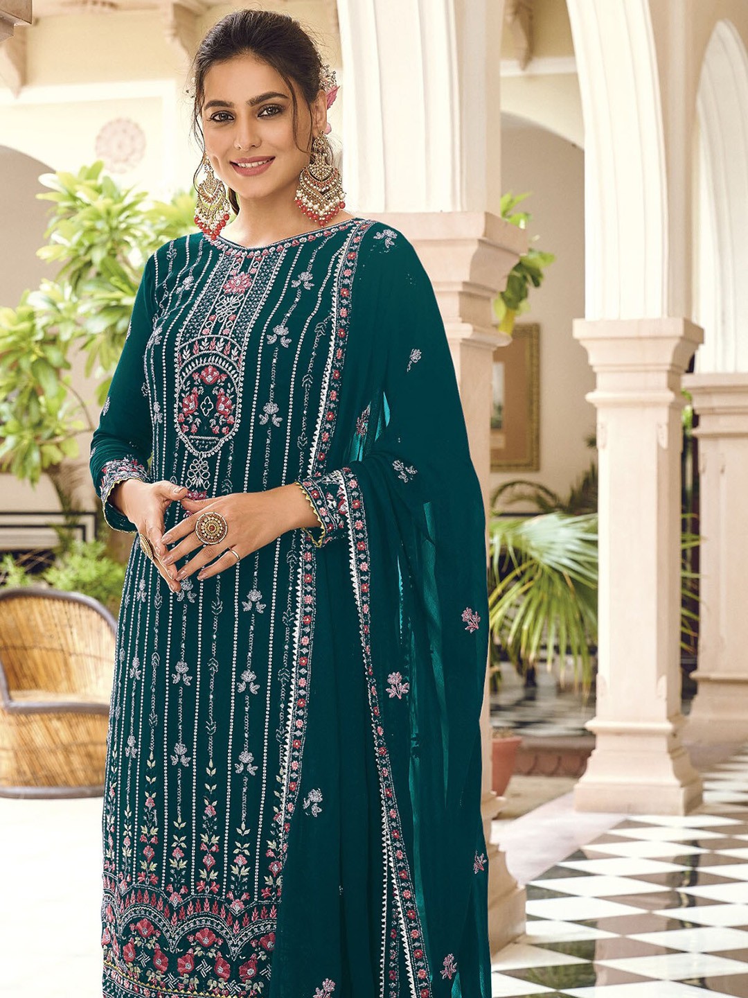 

ODETTE Ethnic Motifs Embroidered Thread Work Semi Stitched Kurta with Trousers Dupatta, Green