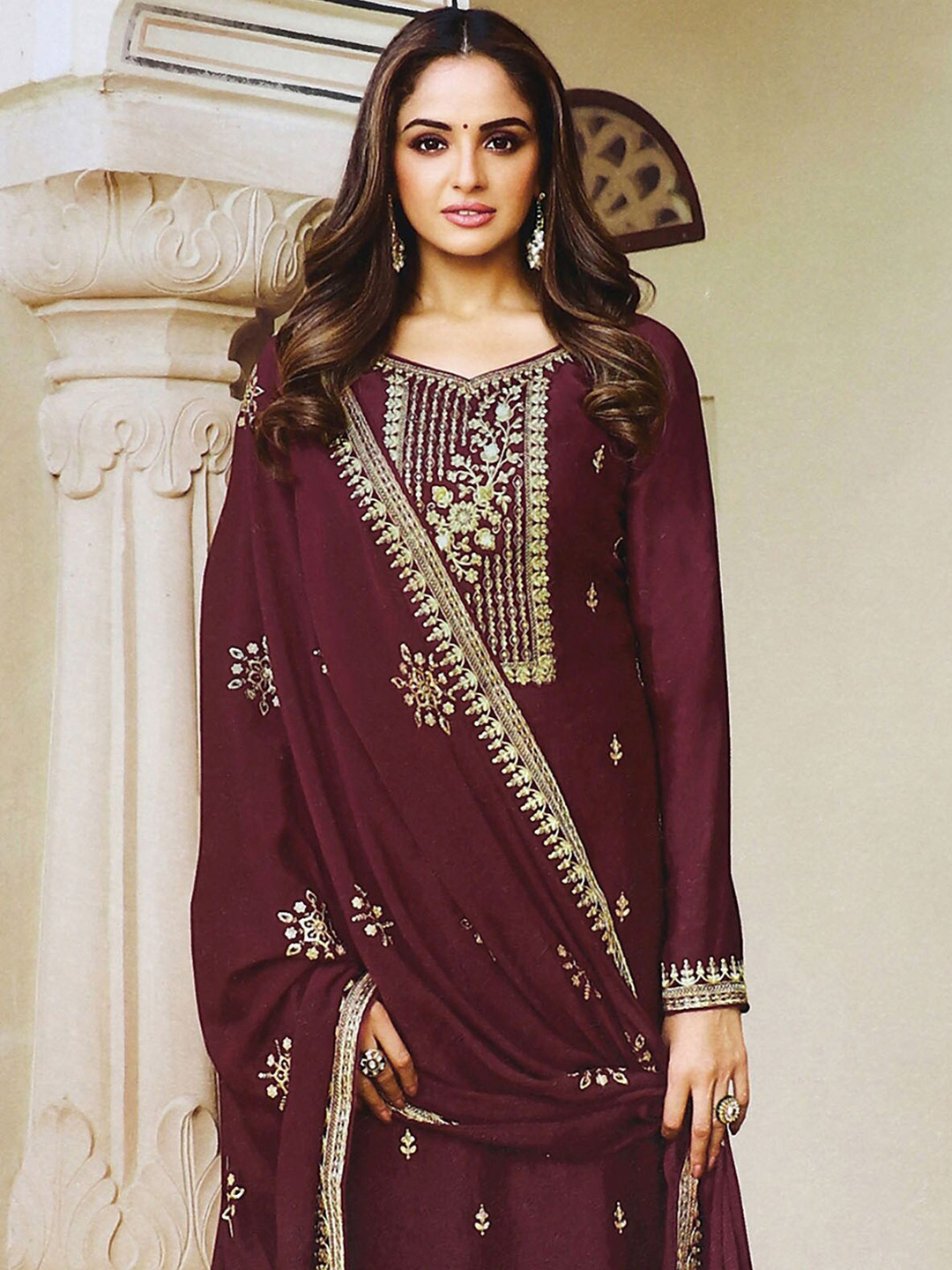 

ODETTE Women Embroidered Kurta with Trousers & With Dupatta, Maroon