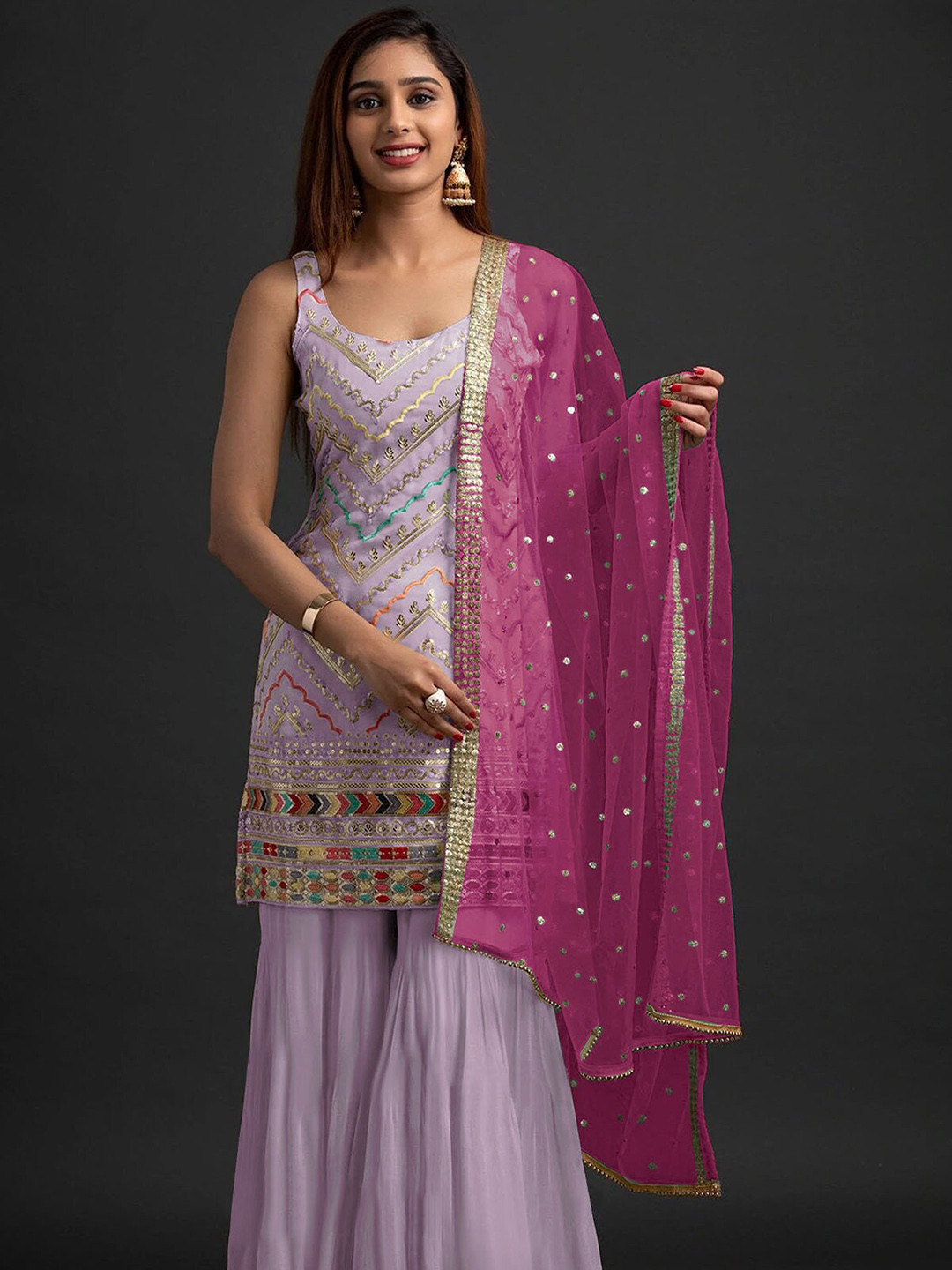 

ODETTE Women Embroidered Kurti with Sharara & With Dupatta, Purple